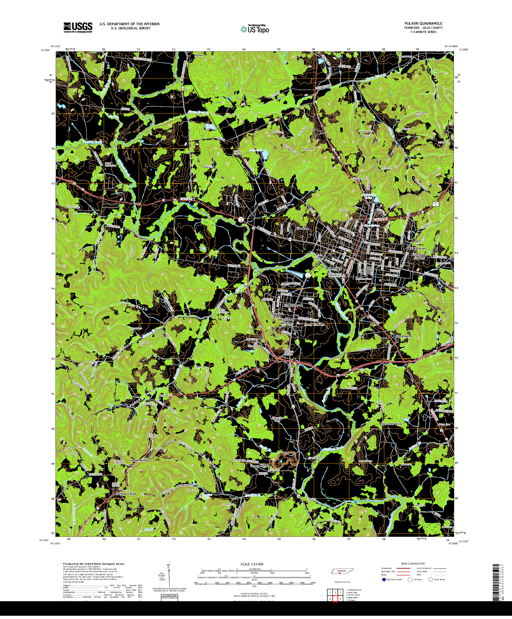 USGS US TOPO 7.5-MINUTE MAP FOR PULASKI, TN 2019