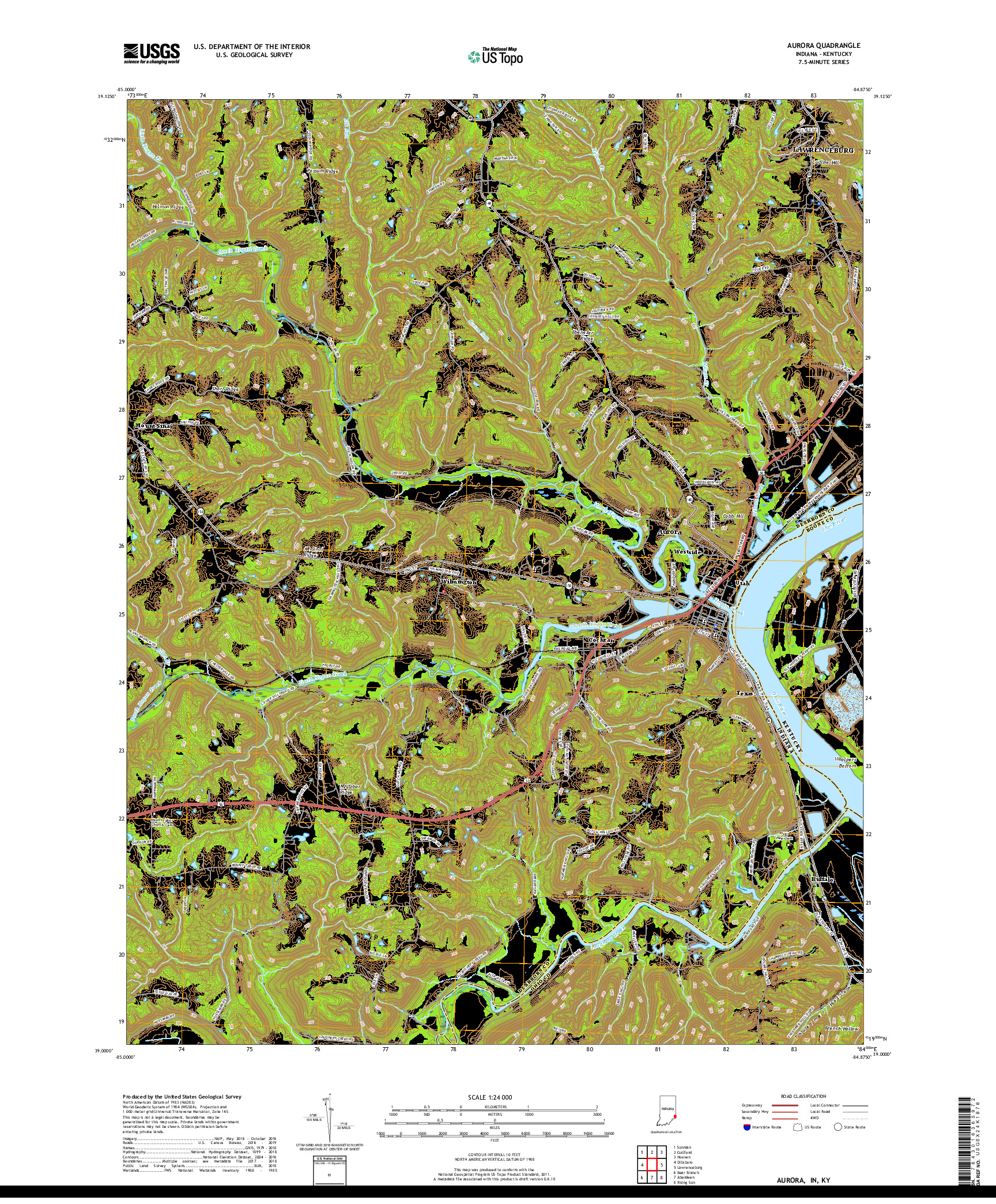 USGS US TOPO 7.5-MINUTE MAP FOR AURORA, IN,KY 2019