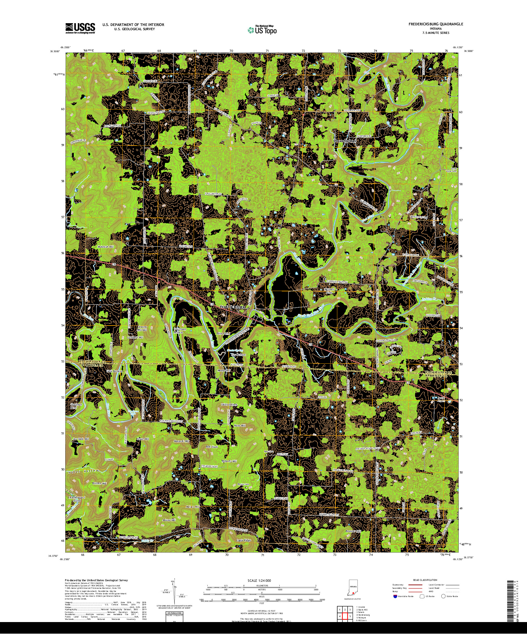 USGS US TOPO 7.5-MINUTE MAP FOR FREDERICKSBURG, IN 2019
