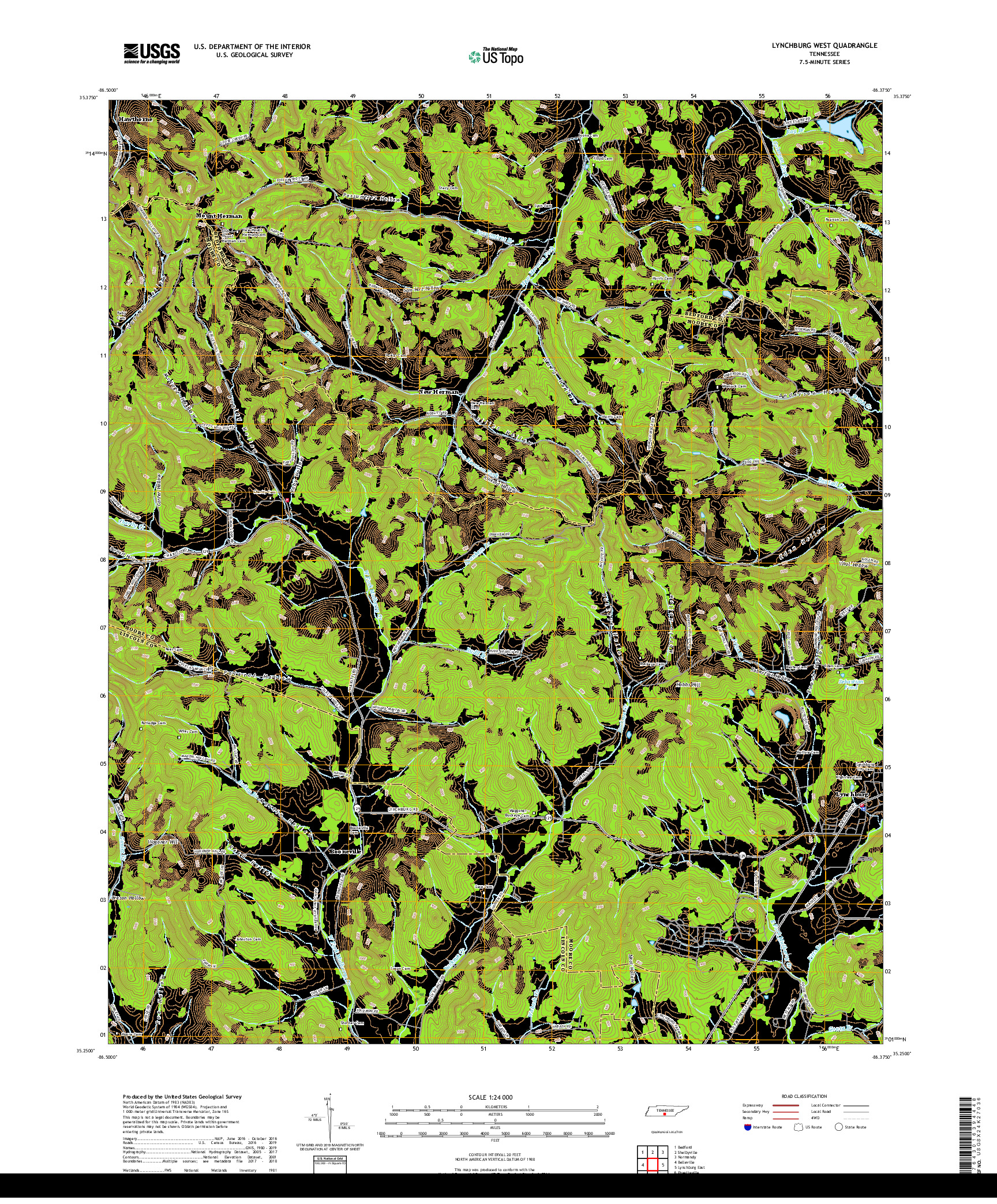 USGS US TOPO 7.5-MINUTE MAP FOR LYNCHBURG WEST, TN 2019