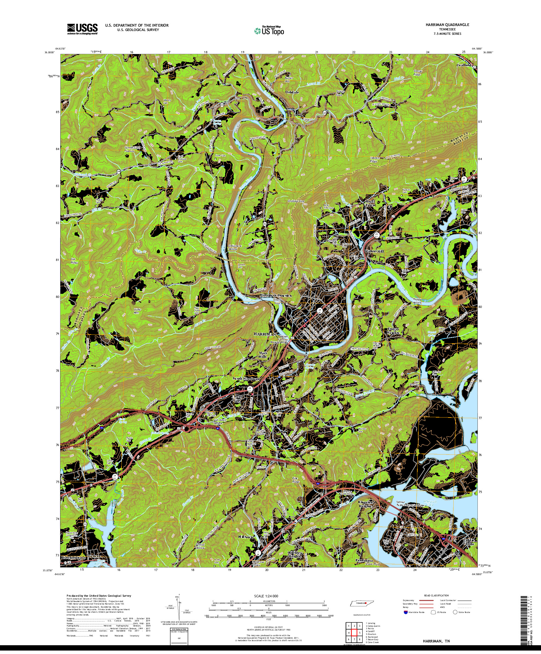 USGS US TOPO 7.5-MINUTE MAP FOR HARRIMAN, TN 2019