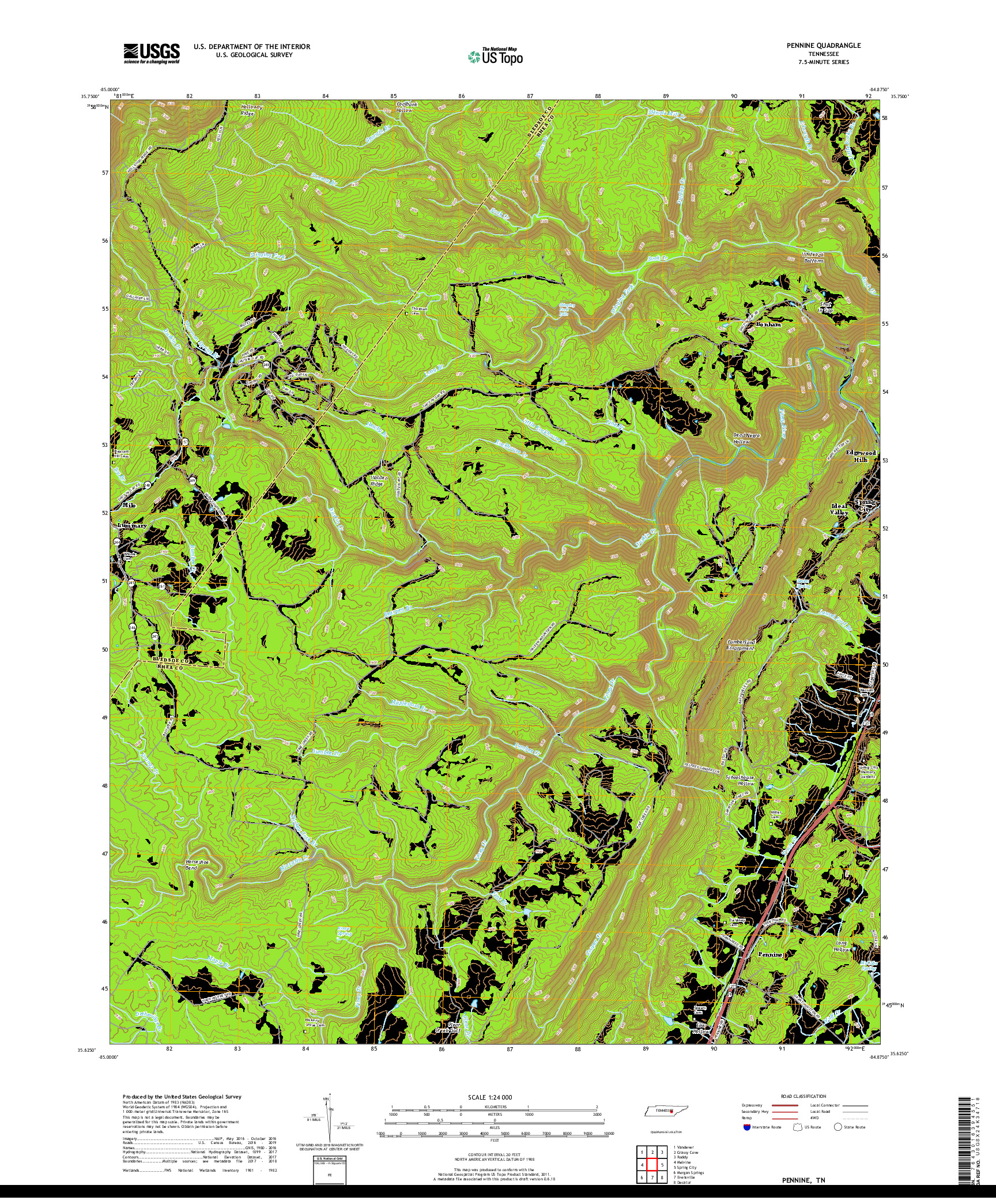 USGS US TOPO 7.5-MINUTE MAP FOR PENNINE, TN 2019