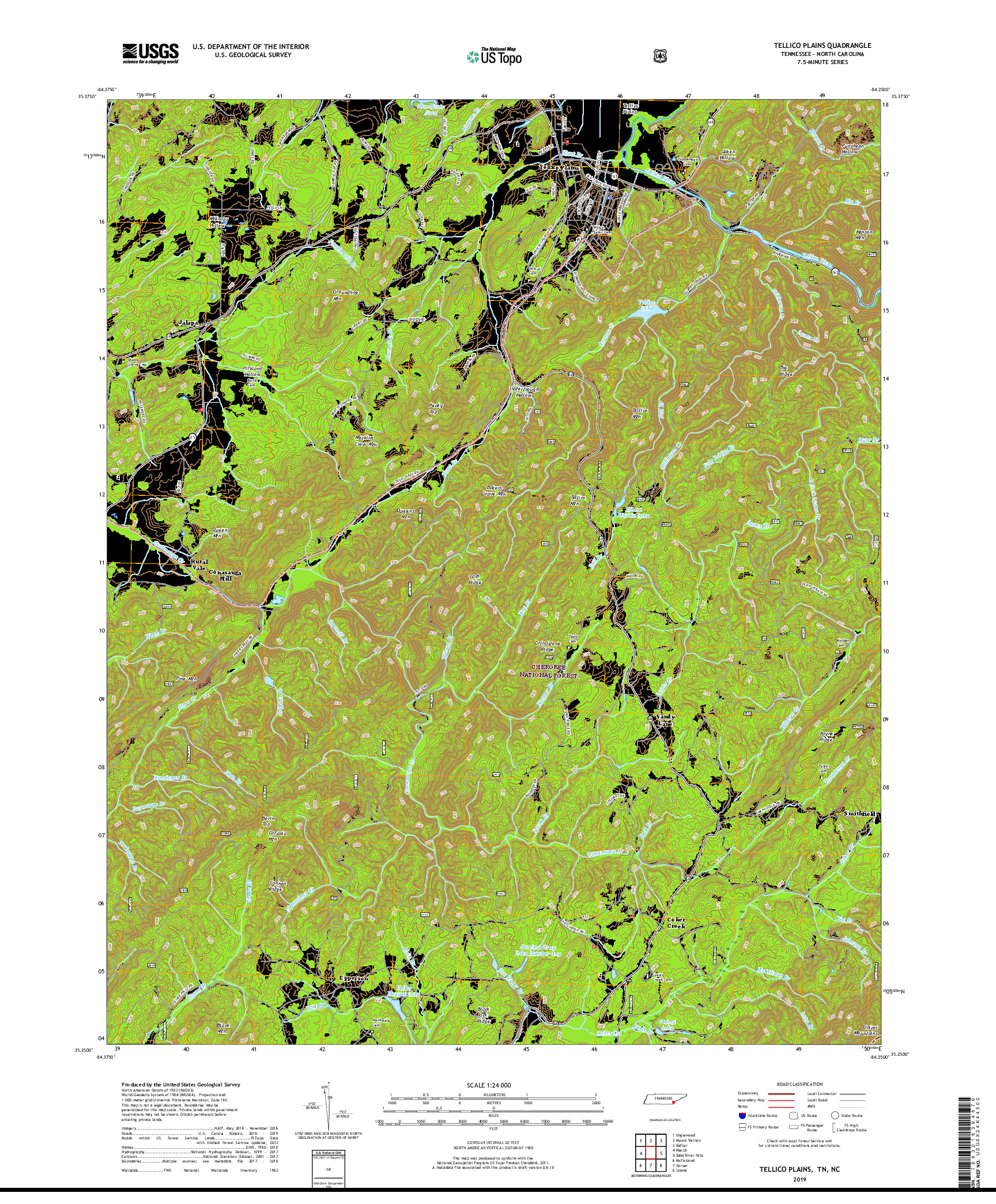 USGS US TOPO 7.5-MINUTE MAP FOR TELLICO PLAINS, TN,NC 2019