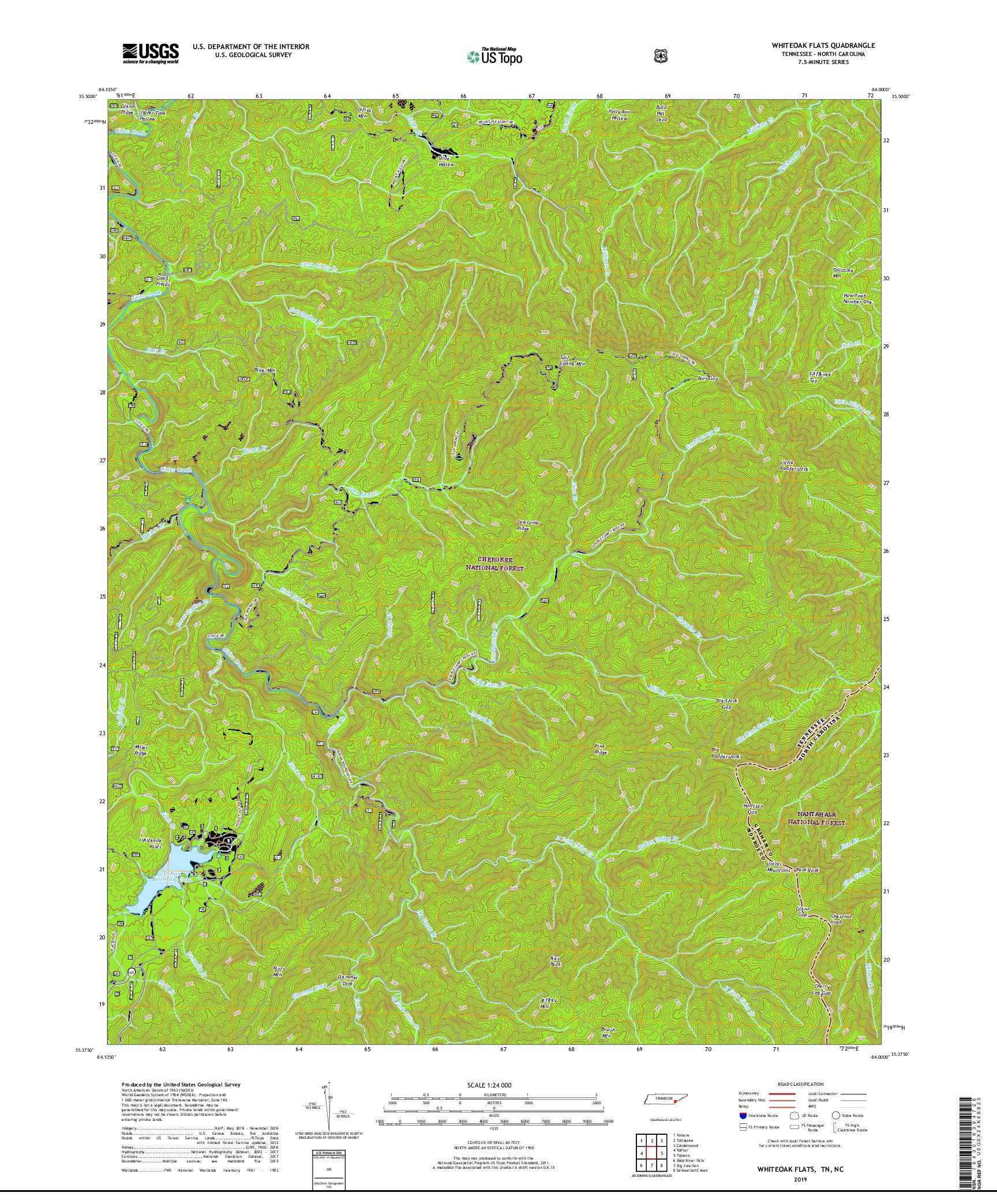 USGS US TOPO 7.5-MINUTE MAP FOR WHITEOAK FLATS, TN,NC 2019