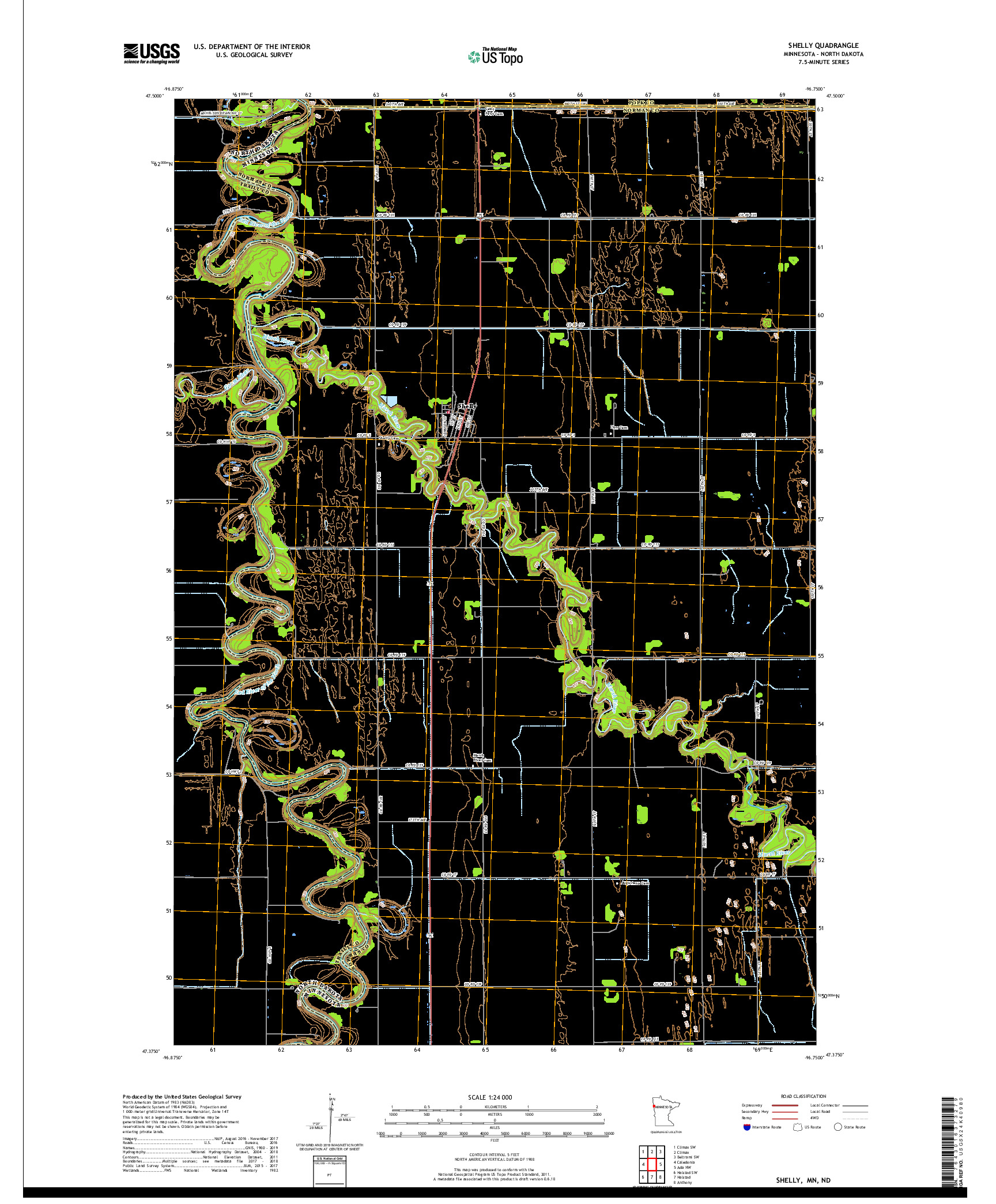 USGS US TOPO 7.5-MINUTE MAP FOR SHELLY, MN,ND 2019