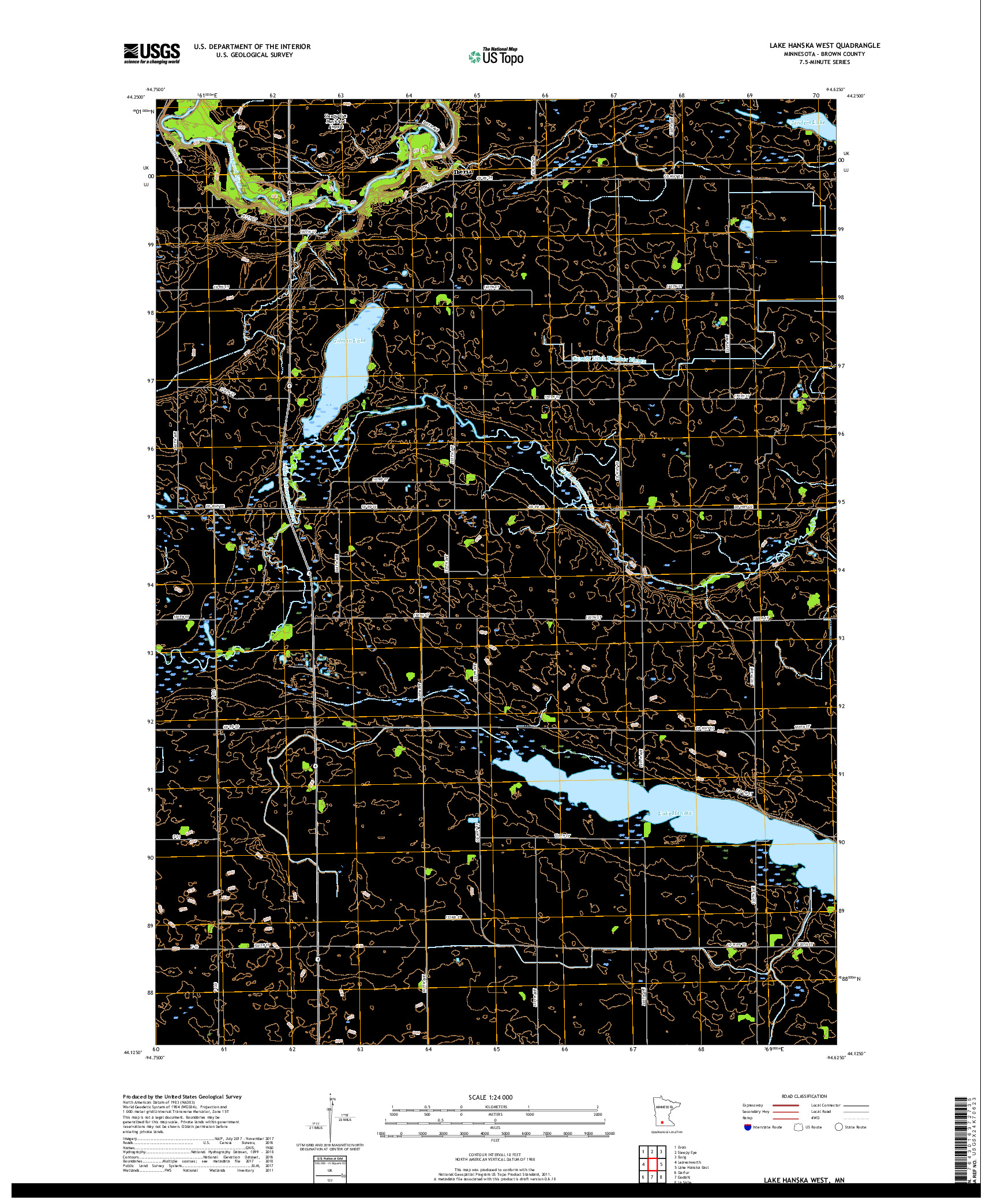 USGS US TOPO 7.5-MINUTE MAP FOR LAKE HANSKA WEST, MN 2019