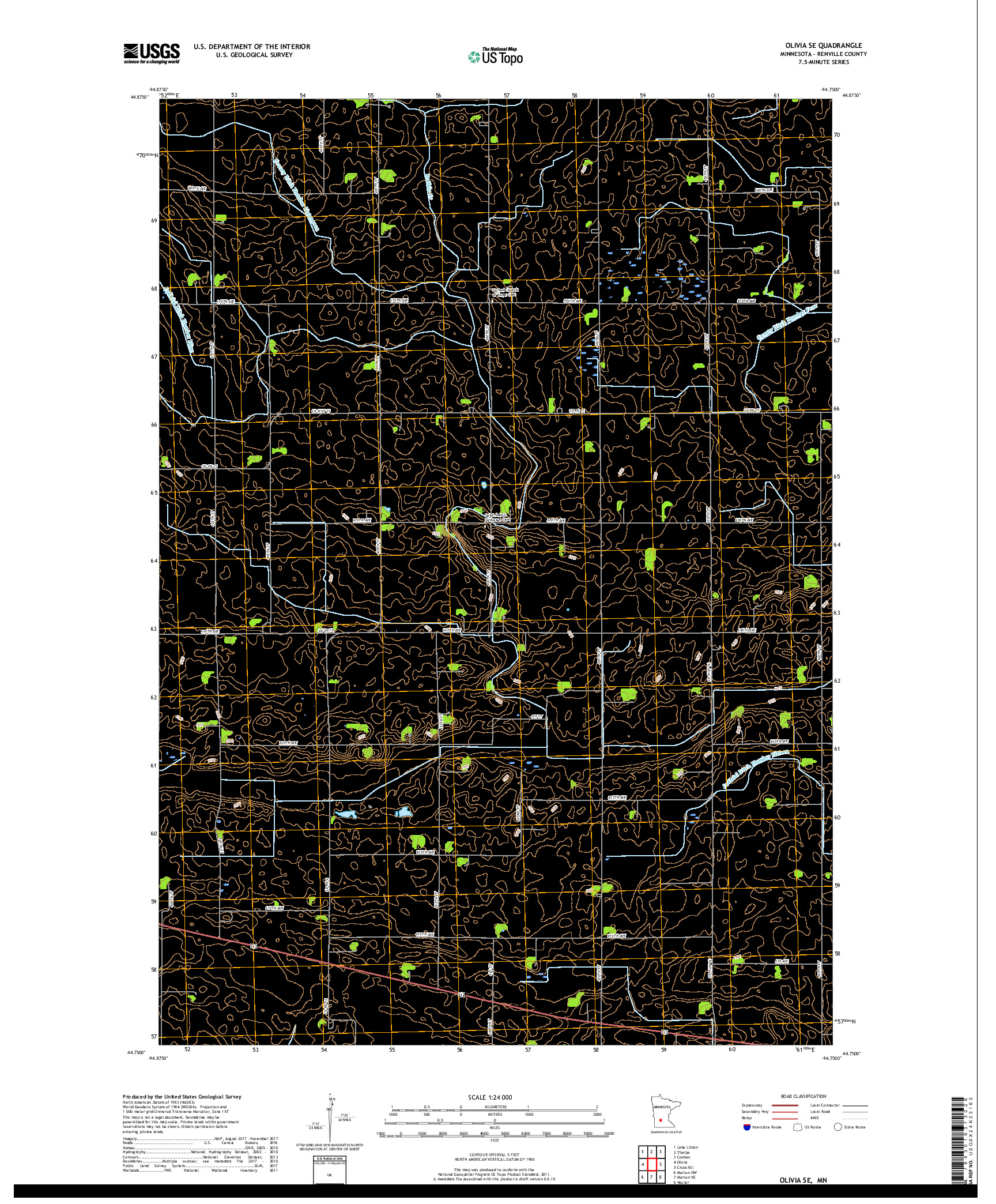 USGS US TOPO 7.5-MINUTE MAP FOR OLIVIA SE, MN 2019