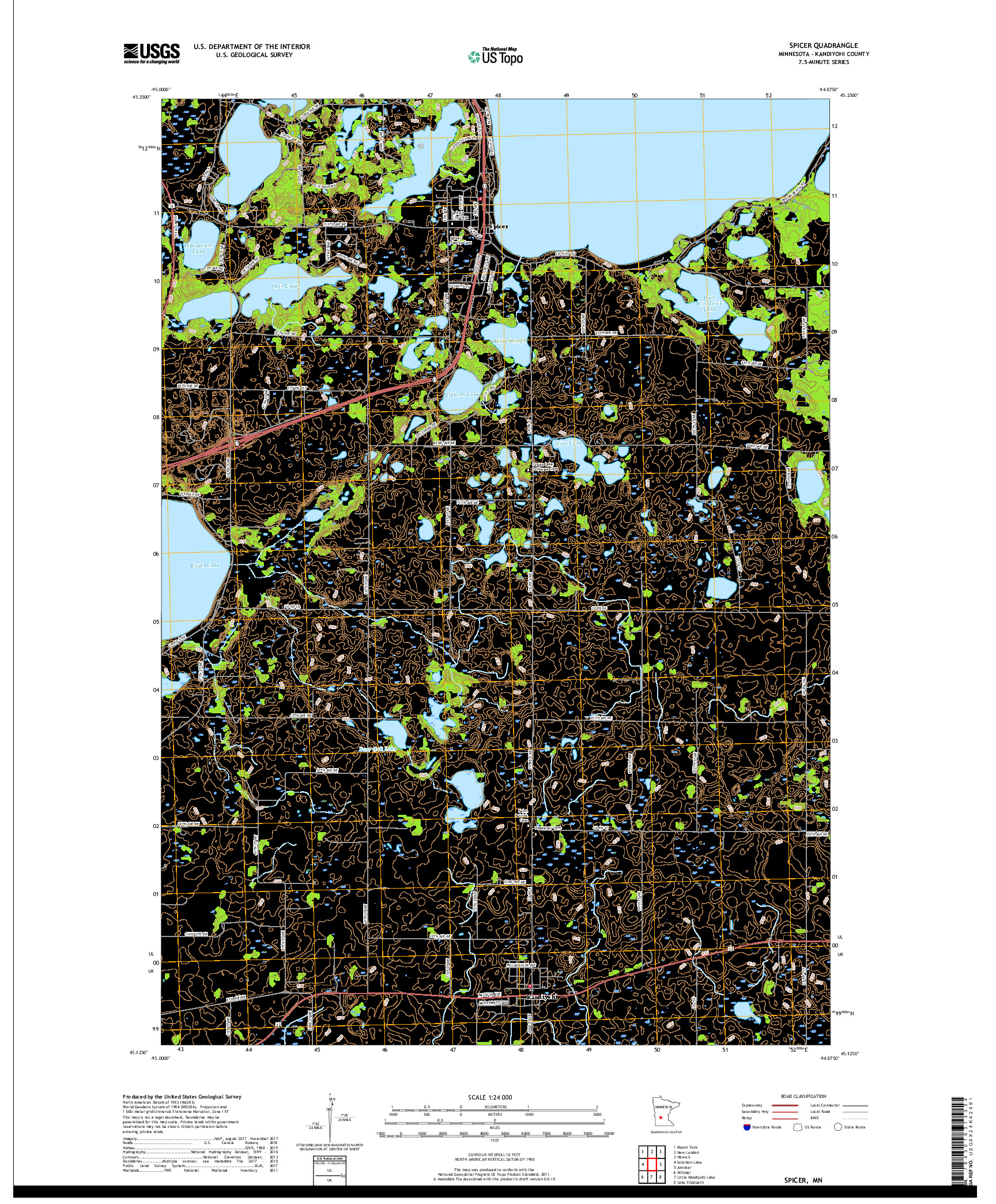 USGS US TOPO 7.5-MINUTE MAP FOR SPICER, MN 2019