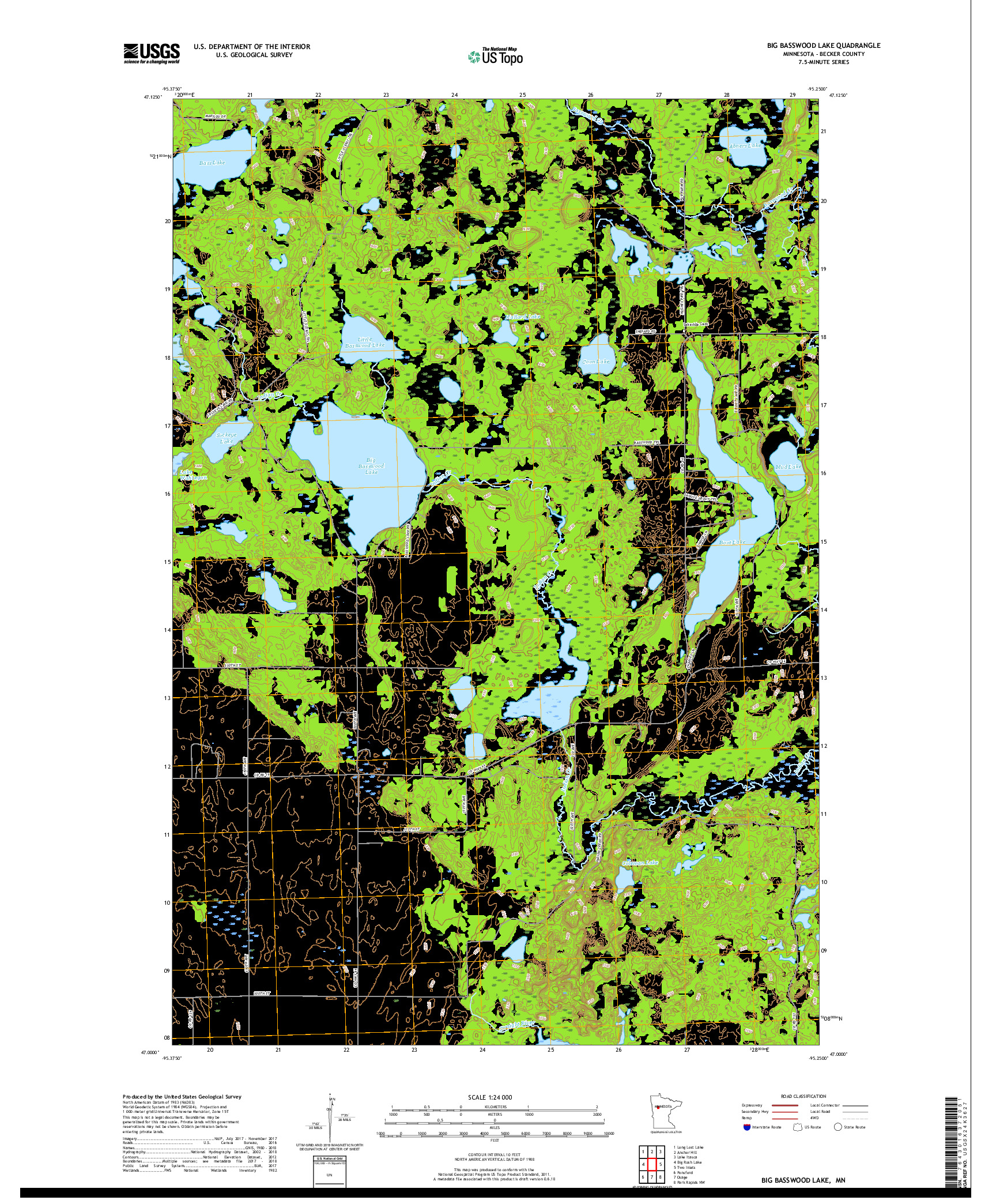 USGS US TOPO 7.5-MINUTE MAP FOR BIG BASSWOOD LAKE, MN 2019