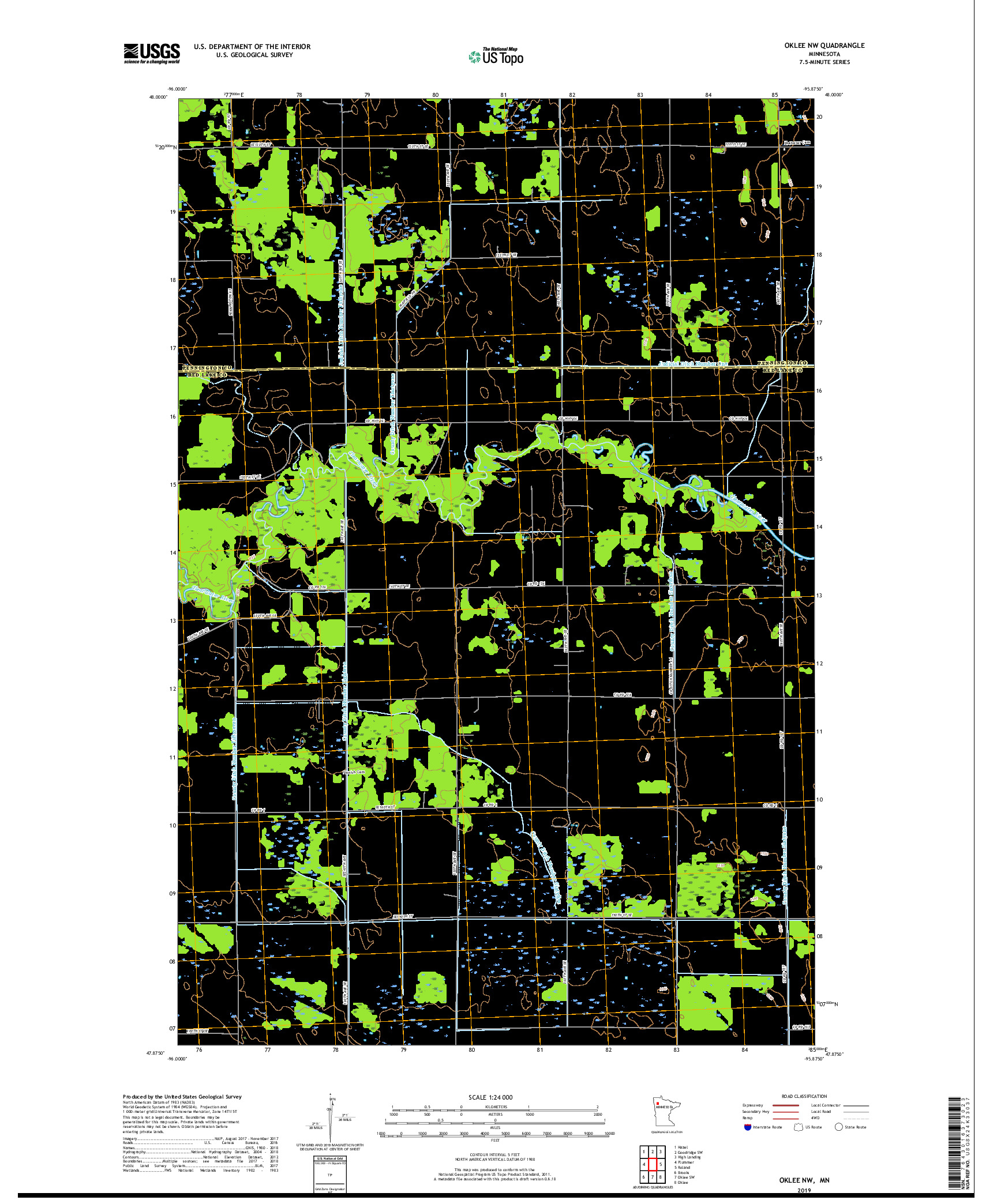 USGS US TOPO 7.5-MINUTE MAP FOR OKLEE NW, MN 2019