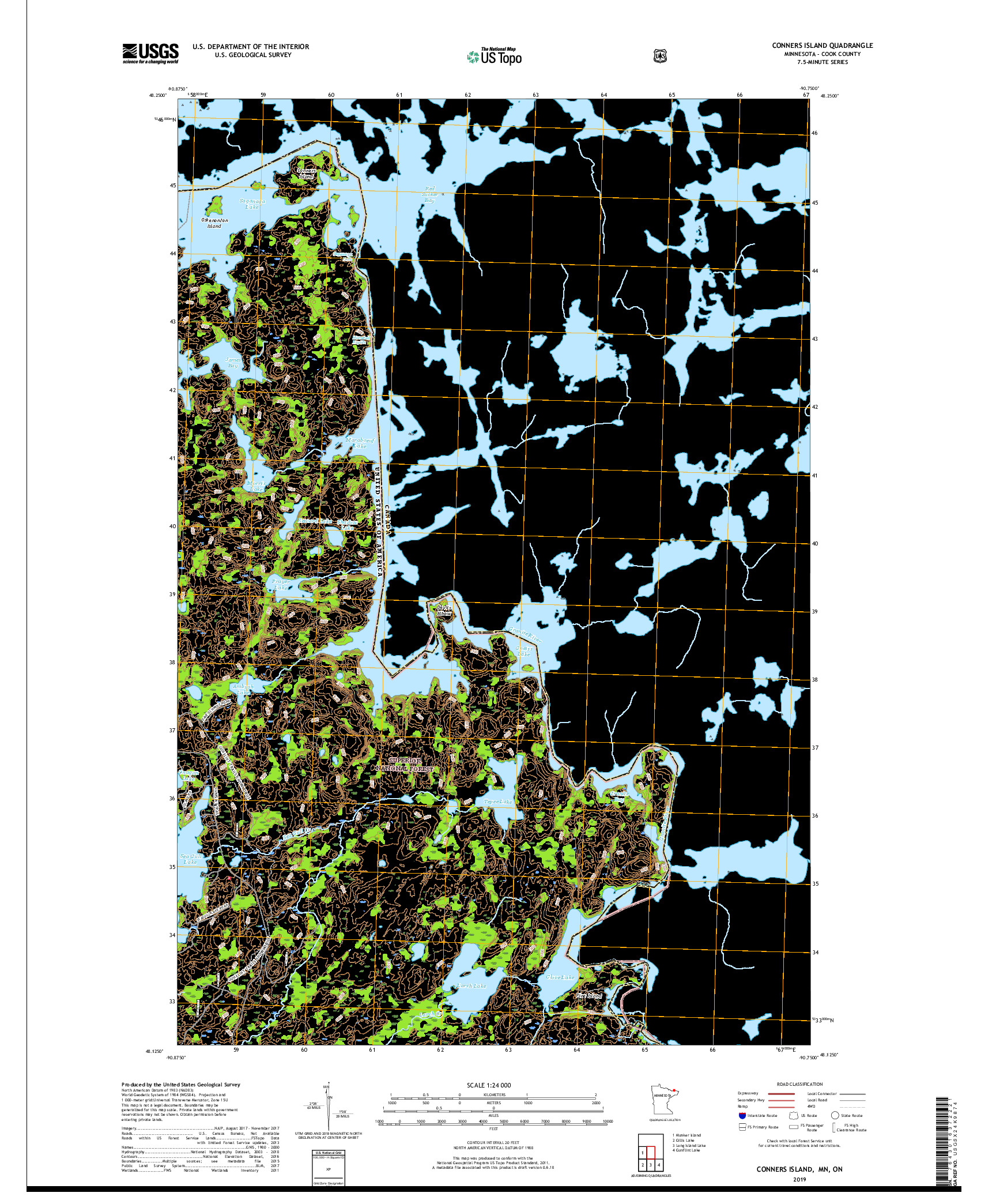 USGS US TOPO 7.5-MINUTE MAP FOR CONNERS ISLAND, MN,ON 2019