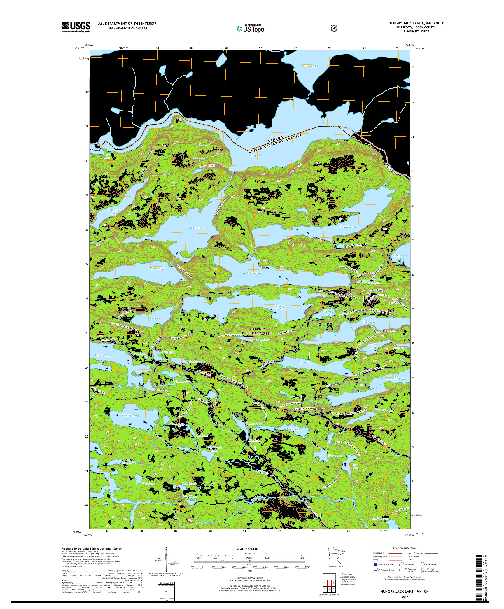 USGS US TOPO 7.5-MINUTE MAP FOR HUNGRY JACK LAKE, MN,ON 2019