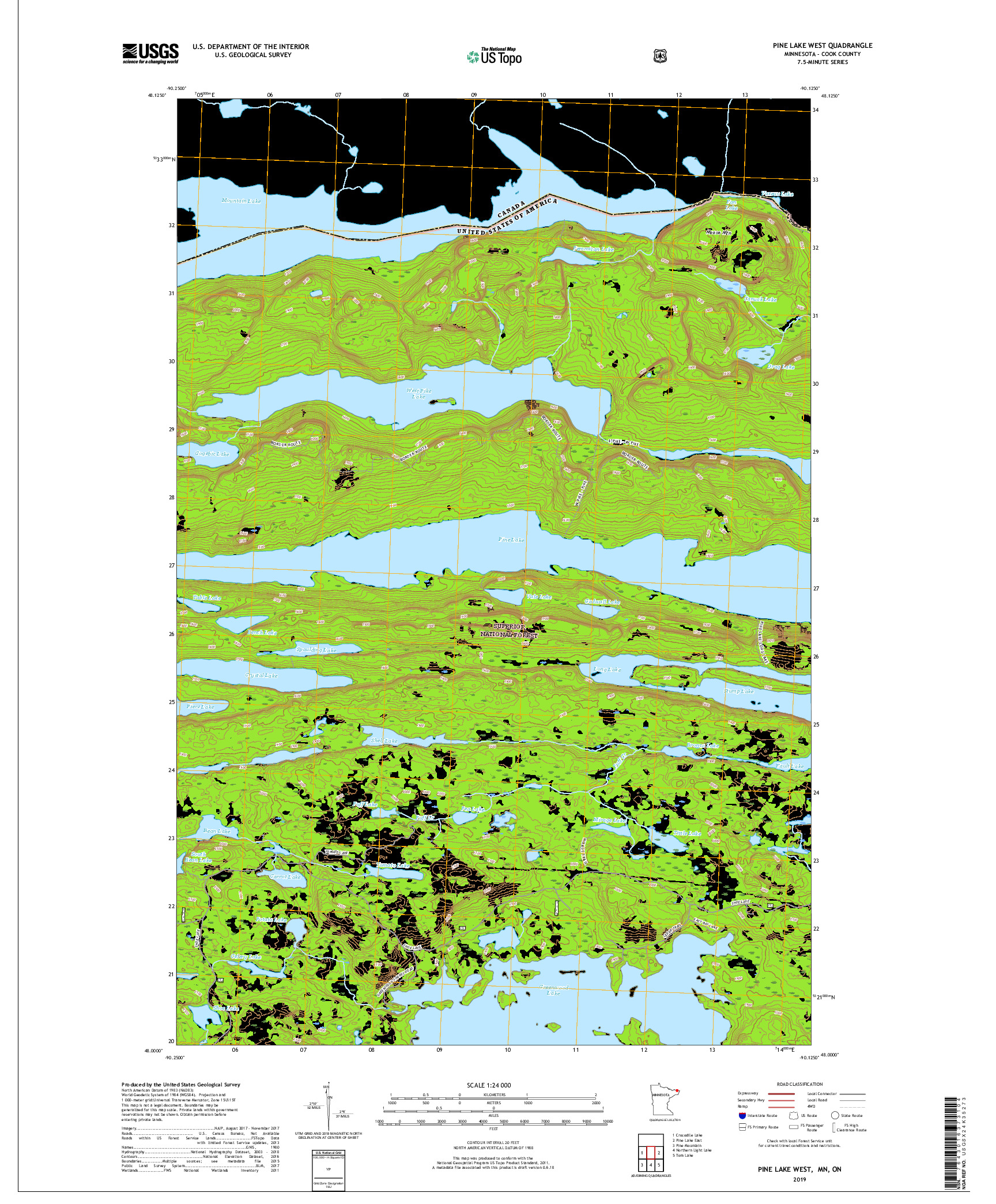 USGS US TOPO 7.5-MINUTE MAP FOR PINE LAKE WEST, MN,ON 2019