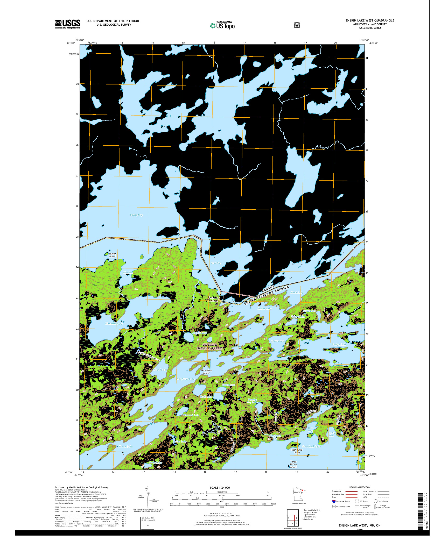 USGS US TOPO 7.5-MINUTE MAP FOR ENSIGN LAKE WEST, MN,ON 2019