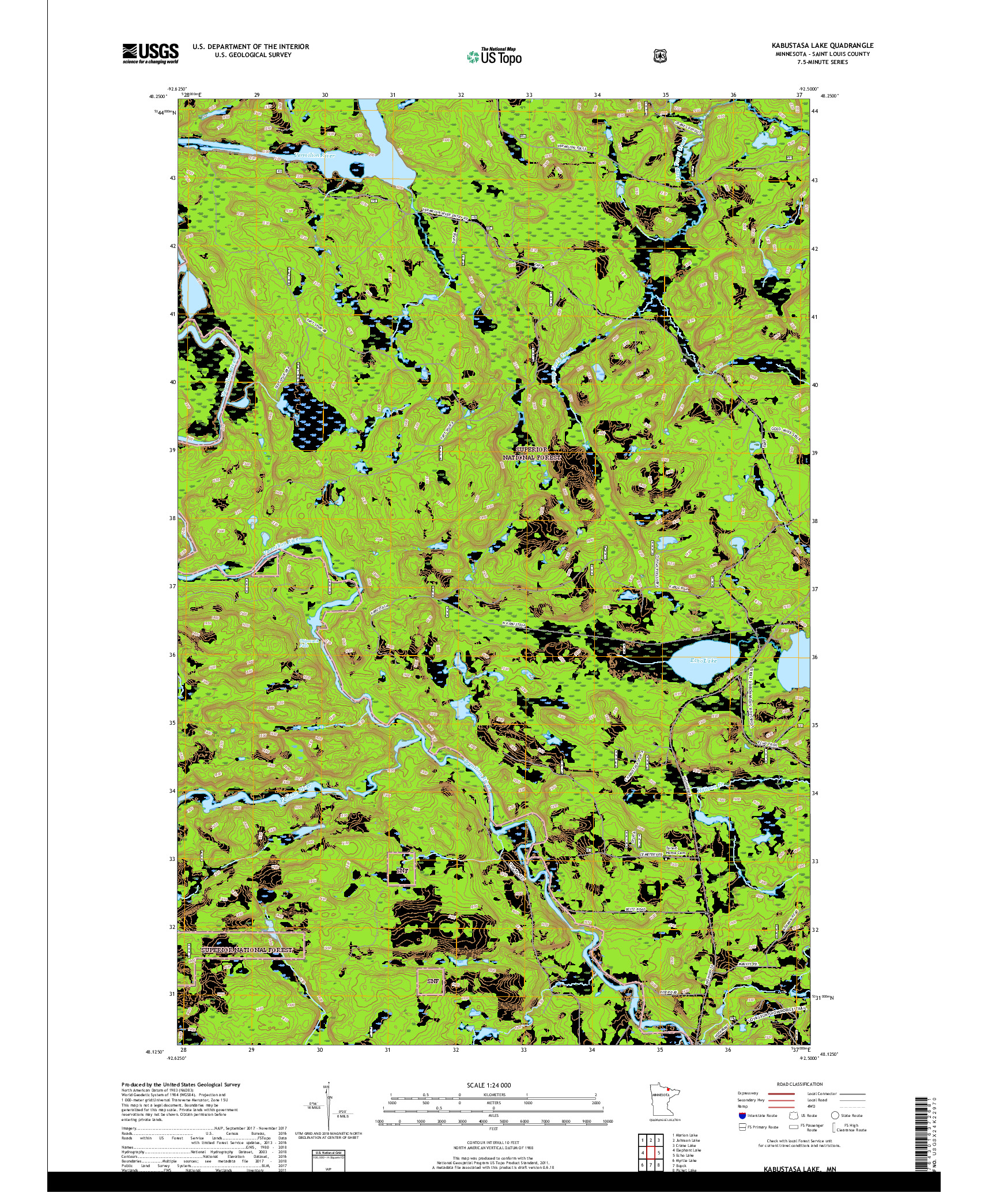 USGS US TOPO 7.5-MINUTE MAP FOR KABUSTASA LAKE, MN 2019