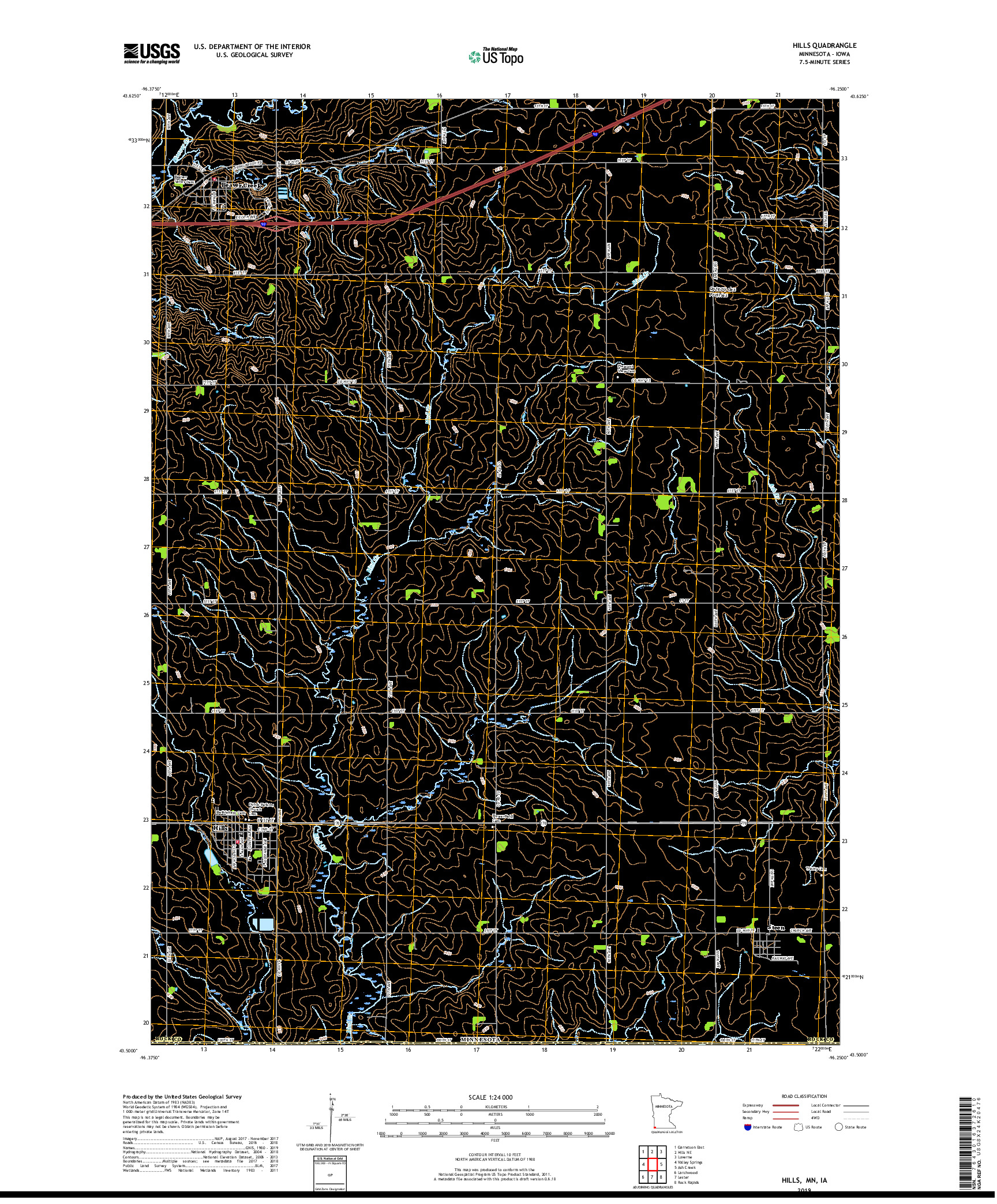 USGS US TOPO 7.5-MINUTE MAP FOR HILLS, MN,IA 2019
