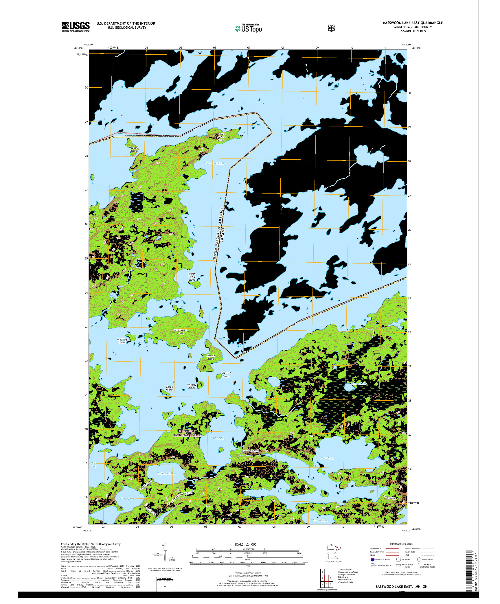 USGS US TOPO 7.5-MINUTE MAP FOR BASSWOOD LAKE EAST, MN,ON 2019