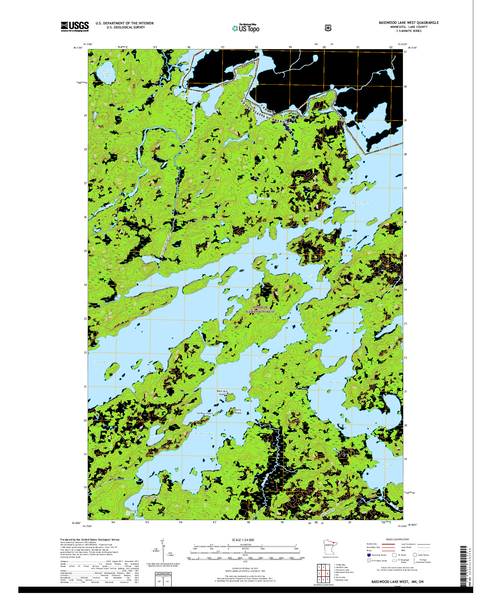 USGS US TOPO 7.5-MINUTE MAP FOR BASSWOOD LAKE WEST, MN,ON 2019