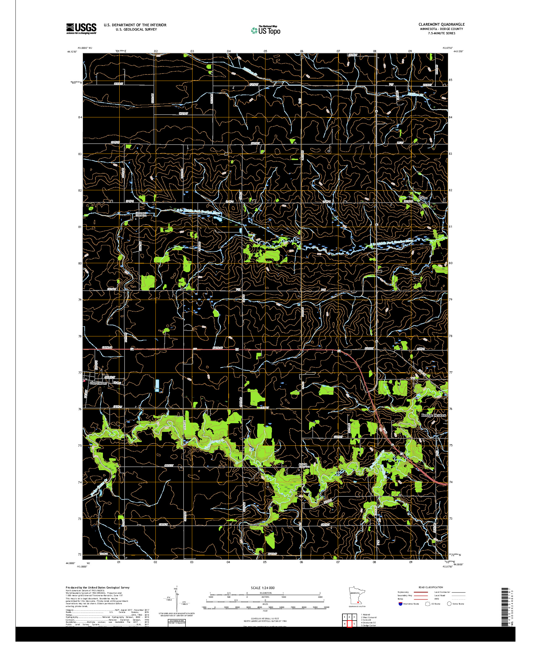 USGS US TOPO 7.5-MINUTE MAP FOR CLAREMONT, MN 2019