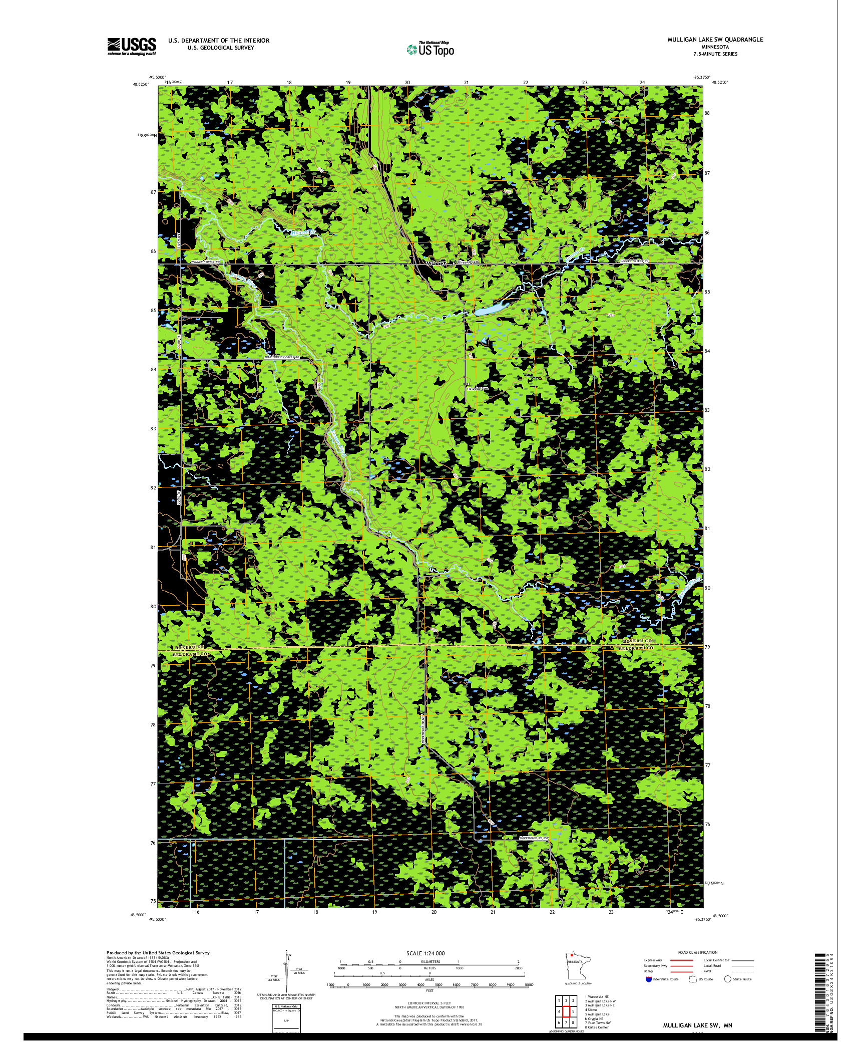 USGS US TOPO 7.5-MINUTE MAP FOR MULLIGAN LAKE SW, MN 2019