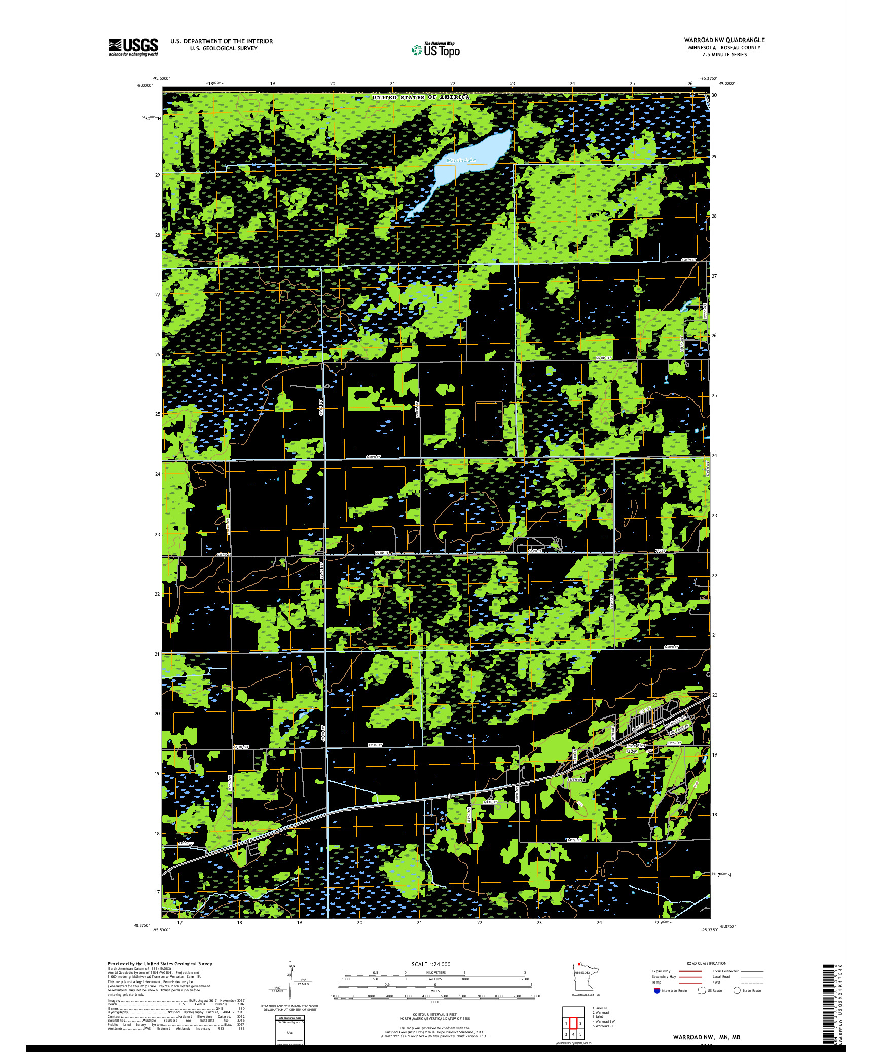 USGS US TOPO 7.5-MINUTE MAP FOR WARROAD NW, MN,MB 2019