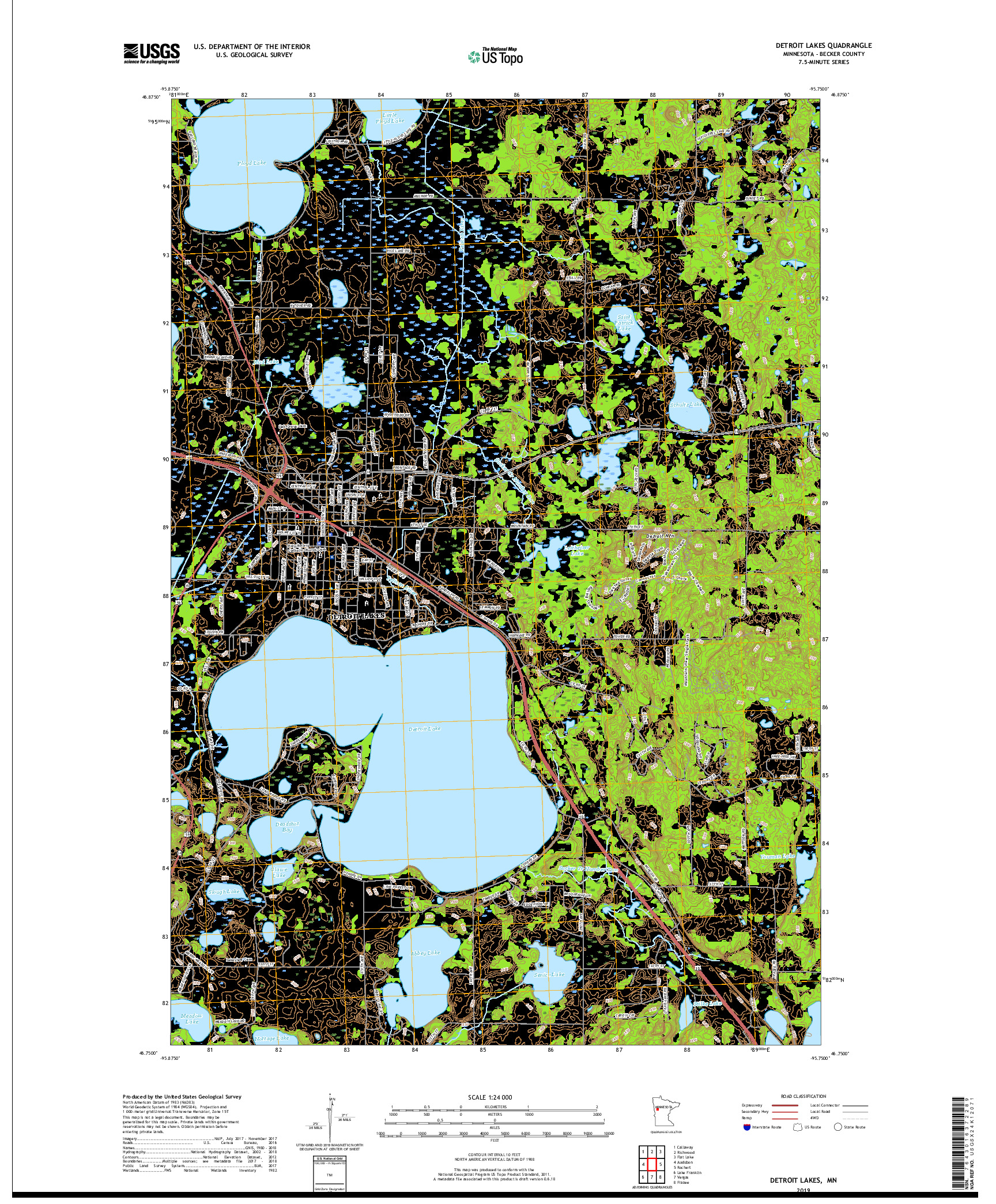 USGS US TOPO 7.5-MINUTE MAP FOR DETROIT LAKES, MN 2019