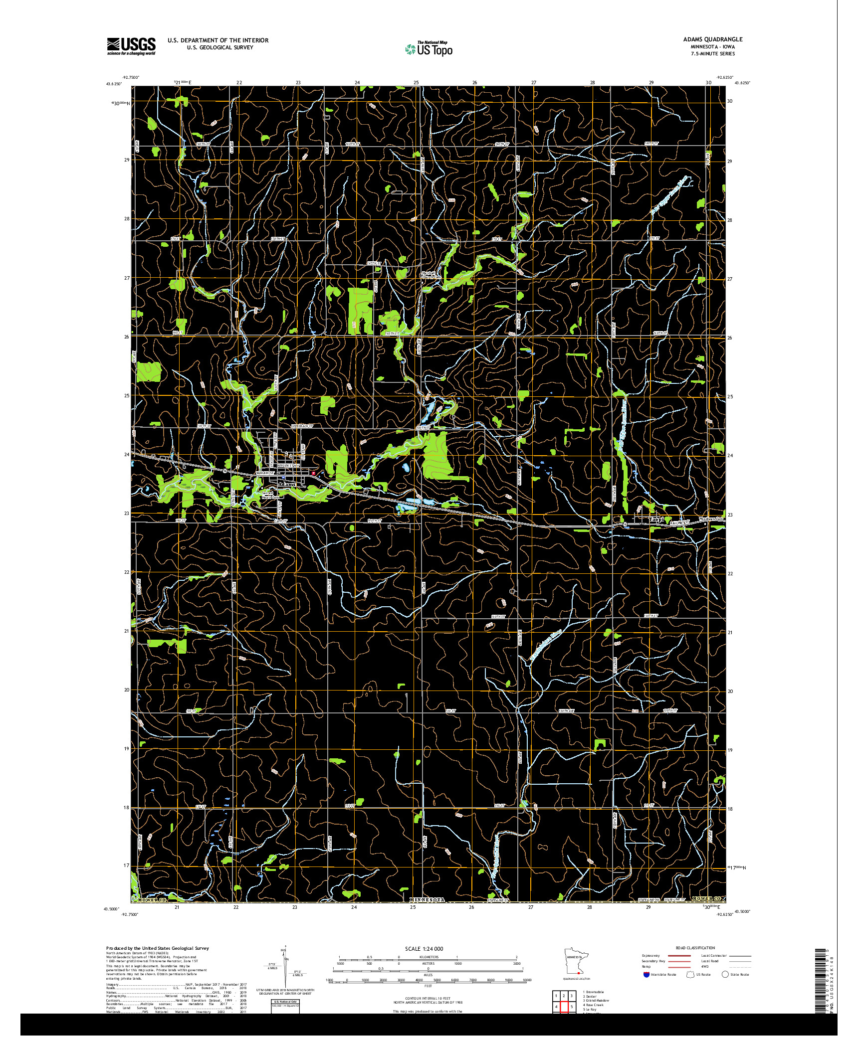 USGS US TOPO 7.5-MINUTE MAP FOR ADAMS, MN,IA 2019