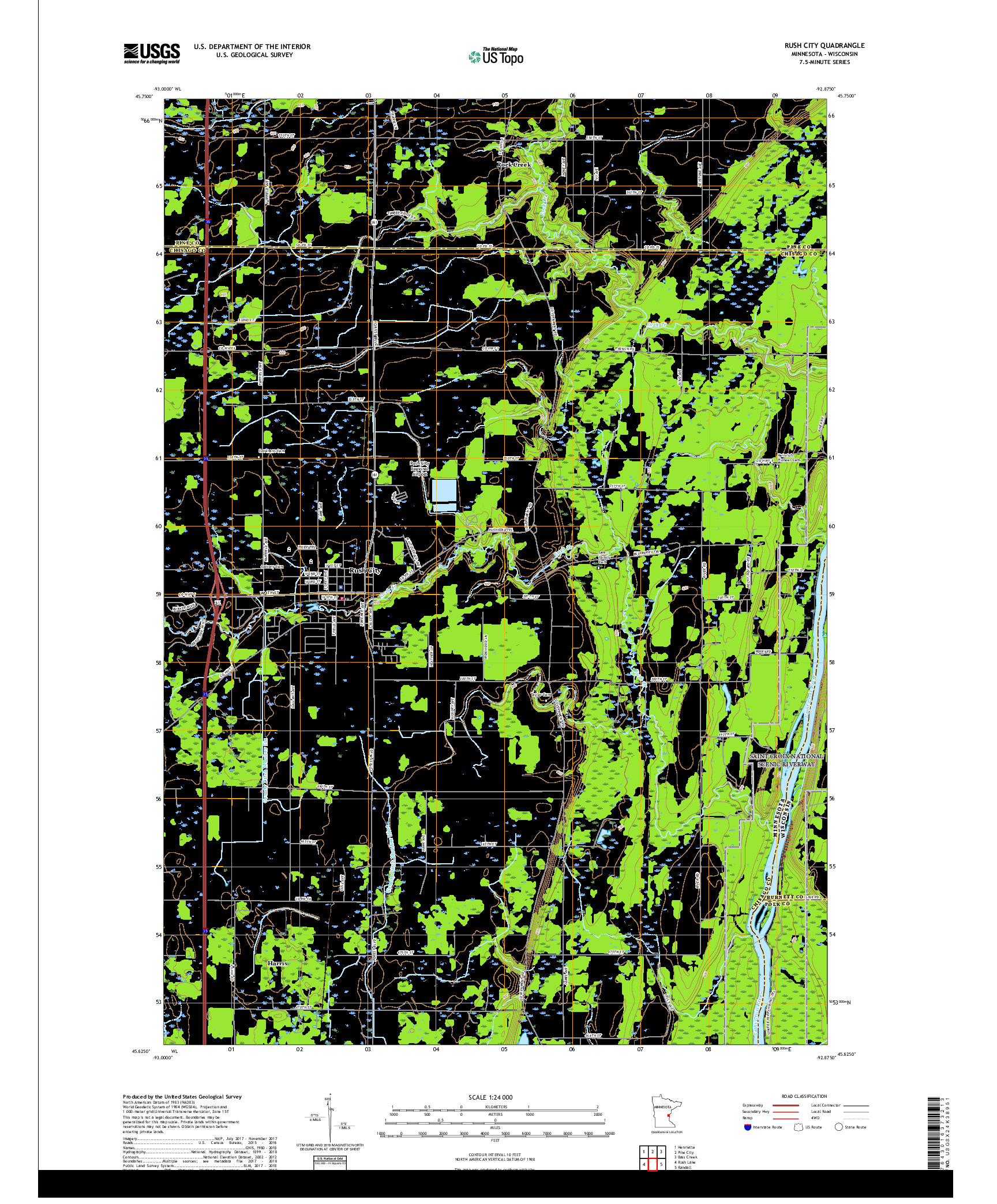USGS US TOPO 7.5-MINUTE MAP FOR RUSH CITY, MN,WI 2019