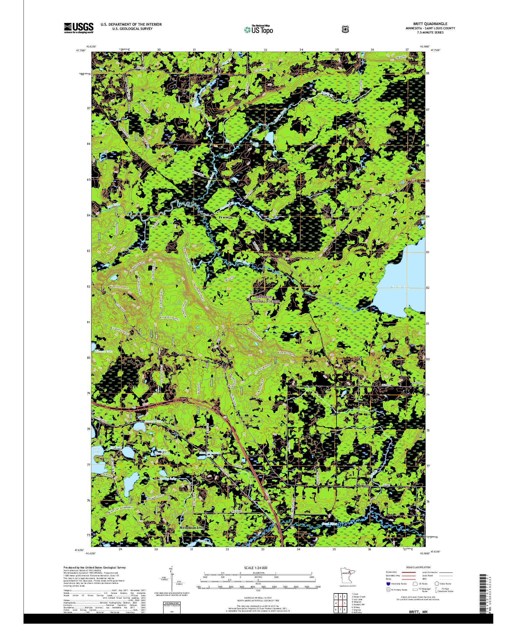 USGS US TOPO 7.5-MINUTE MAP FOR BRITT, MN 2019