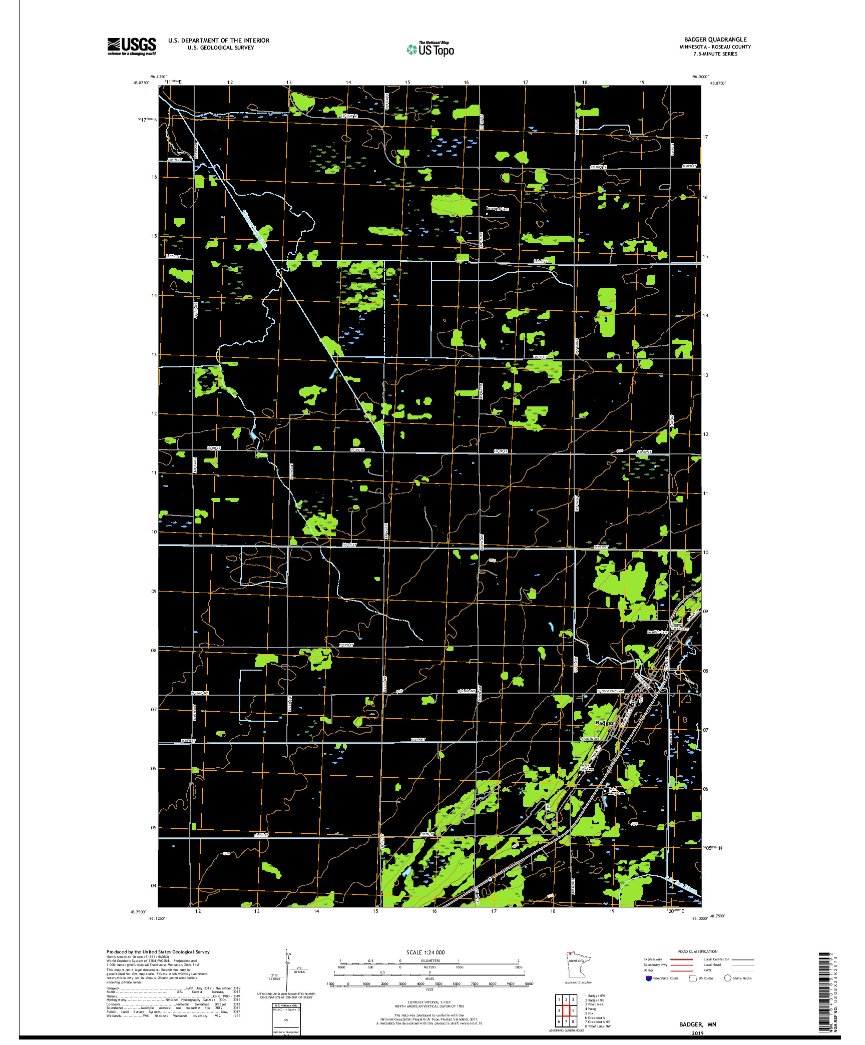 USGS US TOPO 7.5-MINUTE MAP FOR BADGER, MN 2019