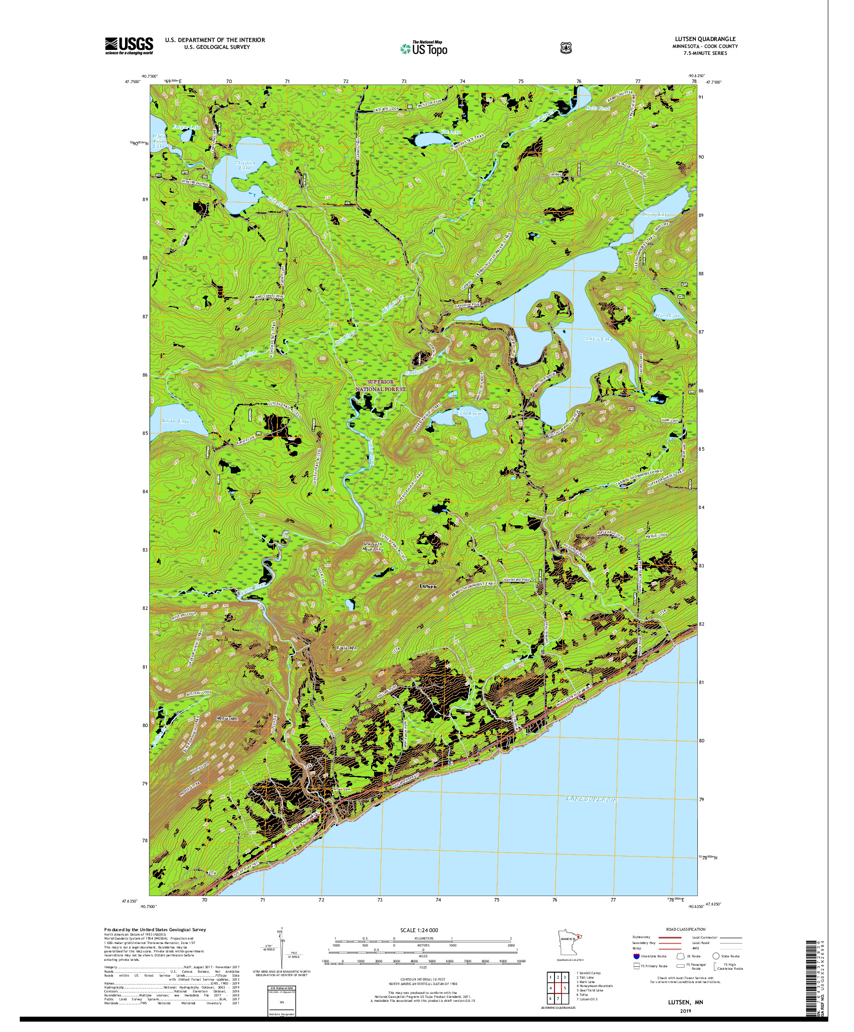 USGS US TOPO 7.5-MINUTE MAP FOR LUTSEN, MN 2019