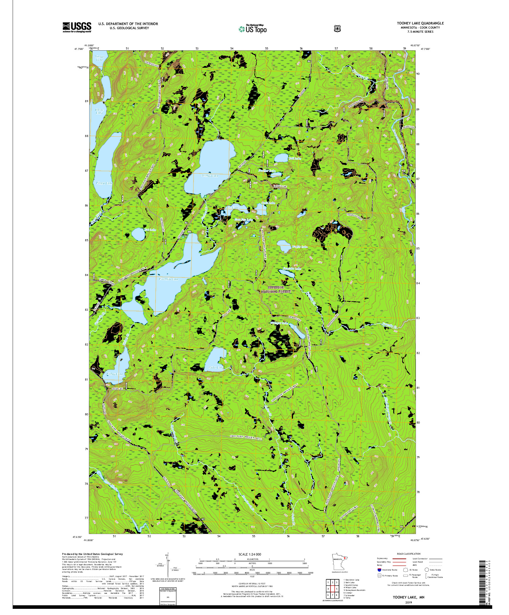 USGS US TOPO 7.5-MINUTE MAP FOR TOOHEY LAKE, MN 2019