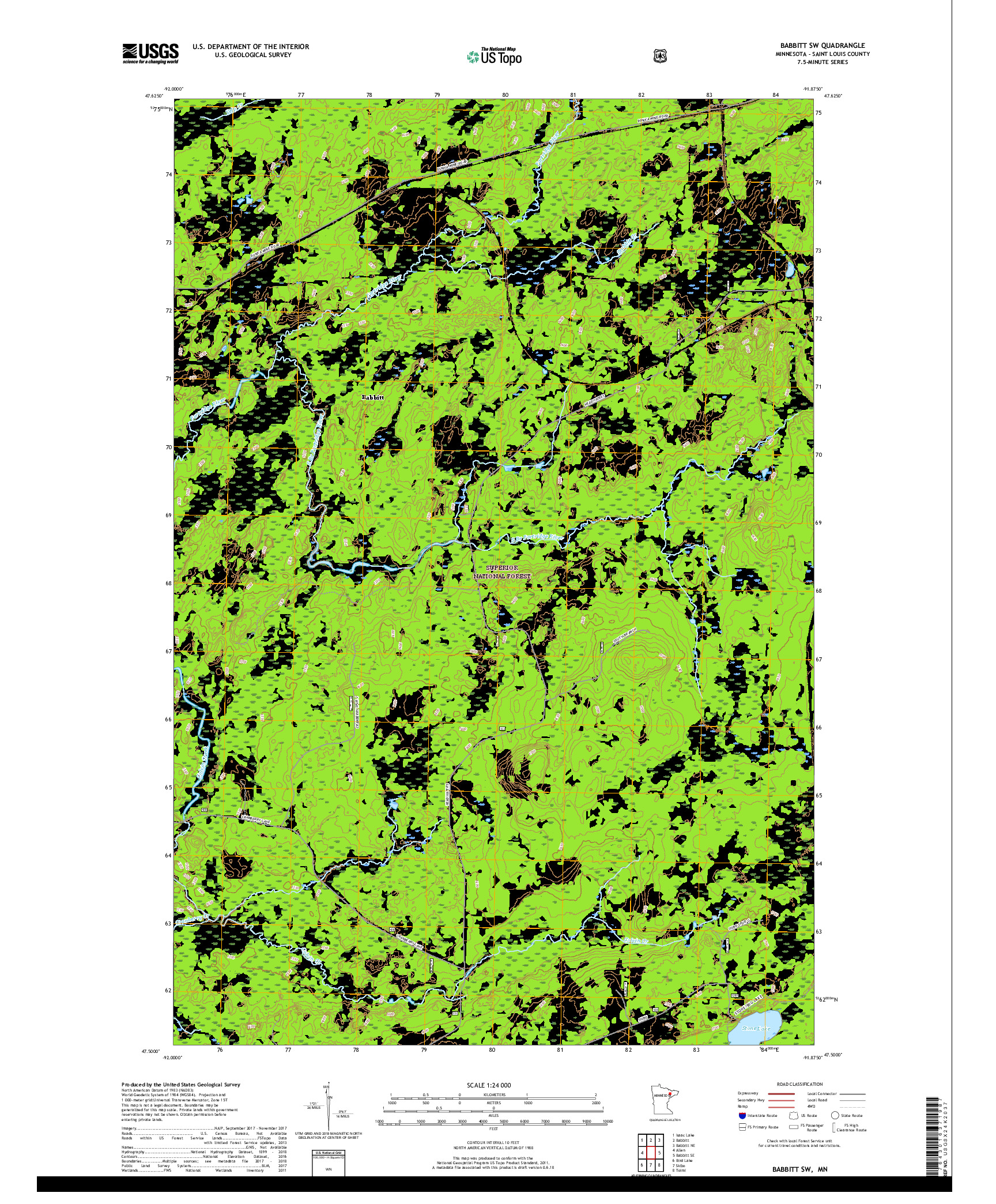 USGS US TOPO 7.5-MINUTE MAP FOR BABBITT SW, MN 2019