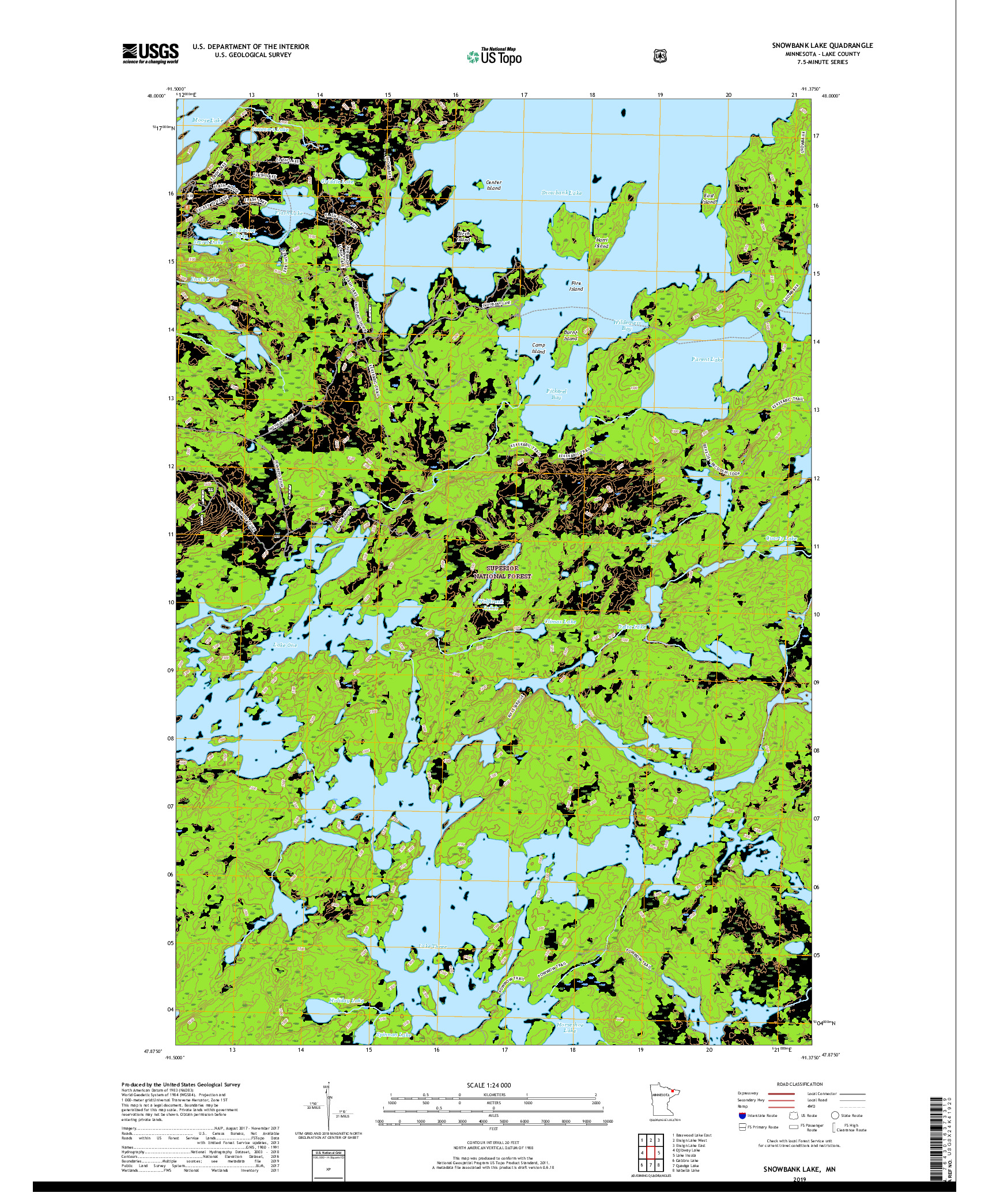 USGS US TOPO 7.5-MINUTE MAP FOR SNOWBANK LAKE, MN 2019