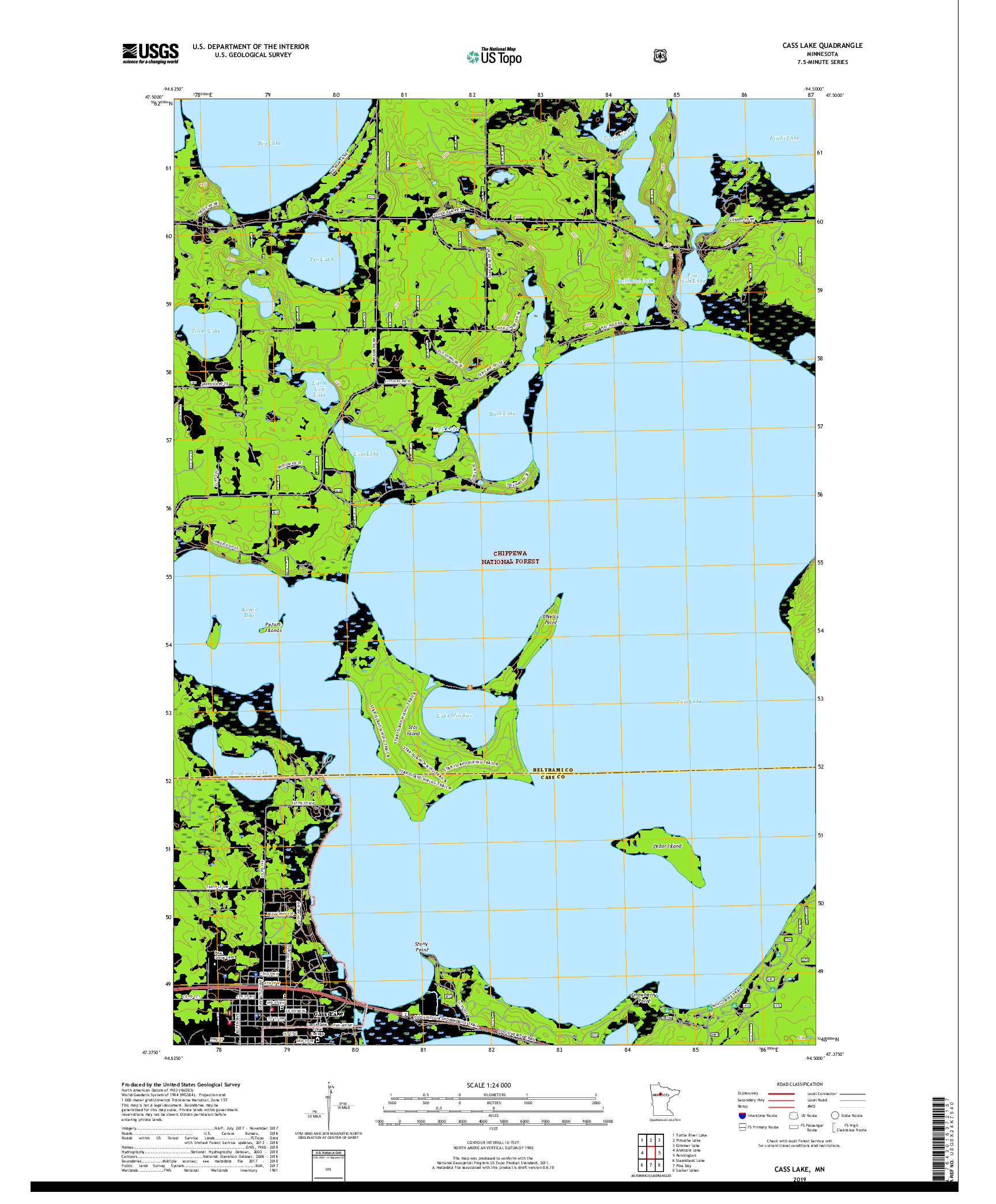 USGS US TOPO 7.5-MINUTE MAP FOR CASS LAKE, MN 2019