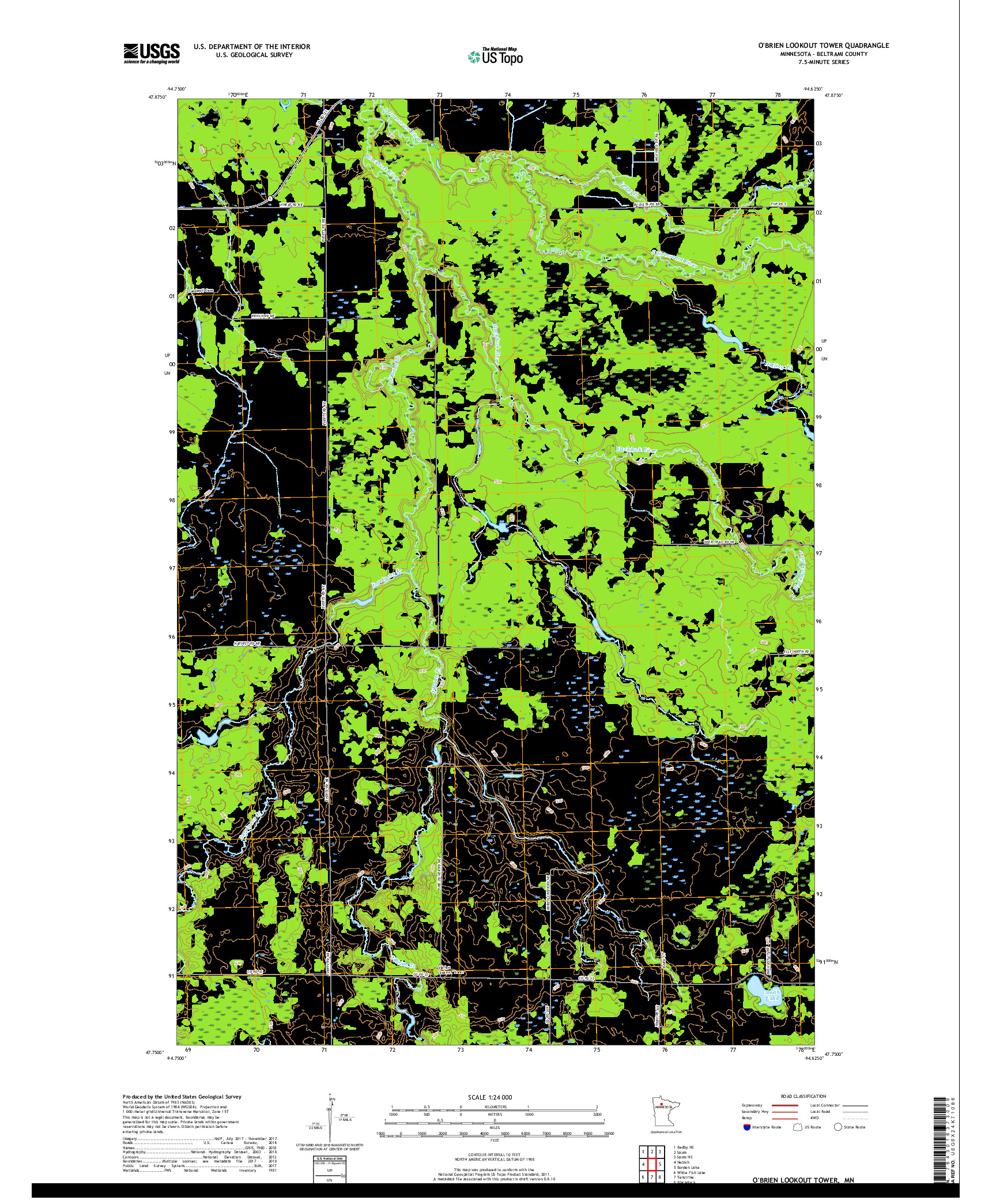 USGS US TOPO 7.5-MINUTE MAP FOR O'BRIEN LOOKOUT TOWER, MN 2019