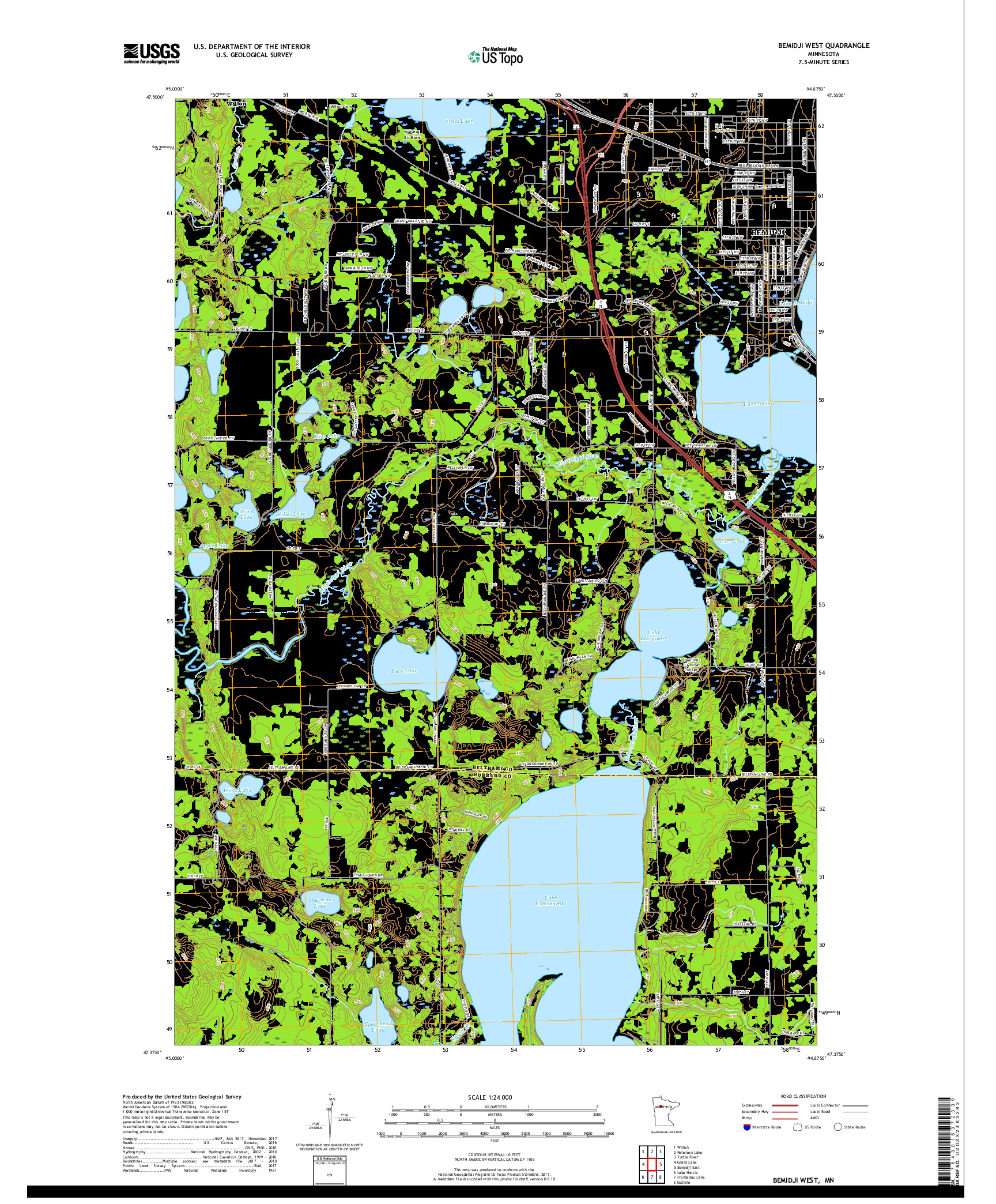 USGS US TOPO 7.5-MINUTE MAP FOR BEMIDJI WEST, MN 2019