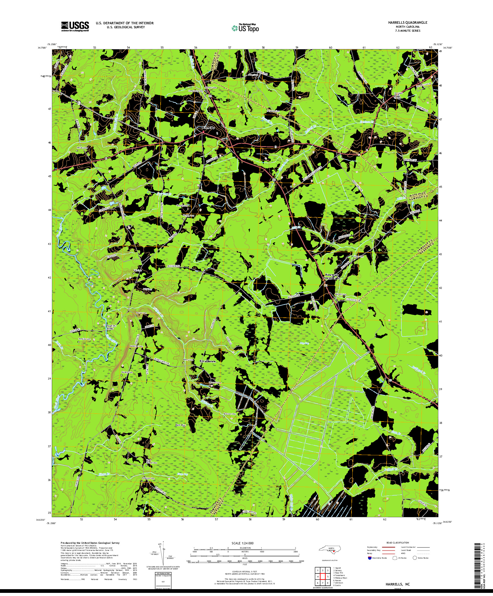 USGS US TOPO 7.5-MINUTE MAP FOR HARRELLS, NC 2019