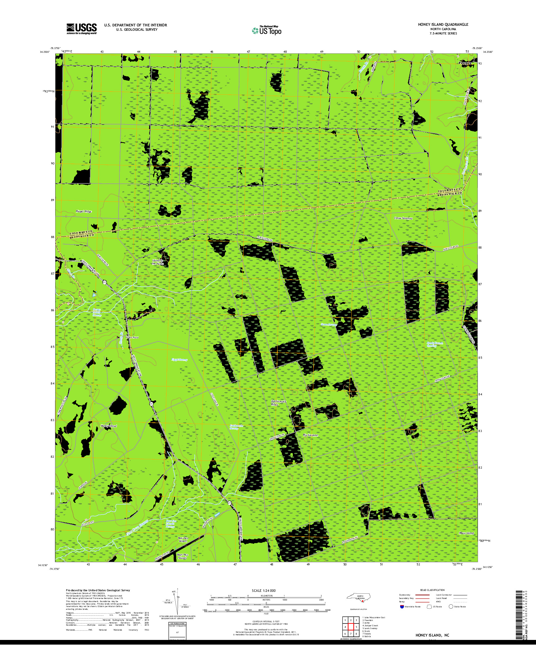 USGS US TOPO 7.5-MINUTE MAP FOR HONEY ISLAND, NC 2019