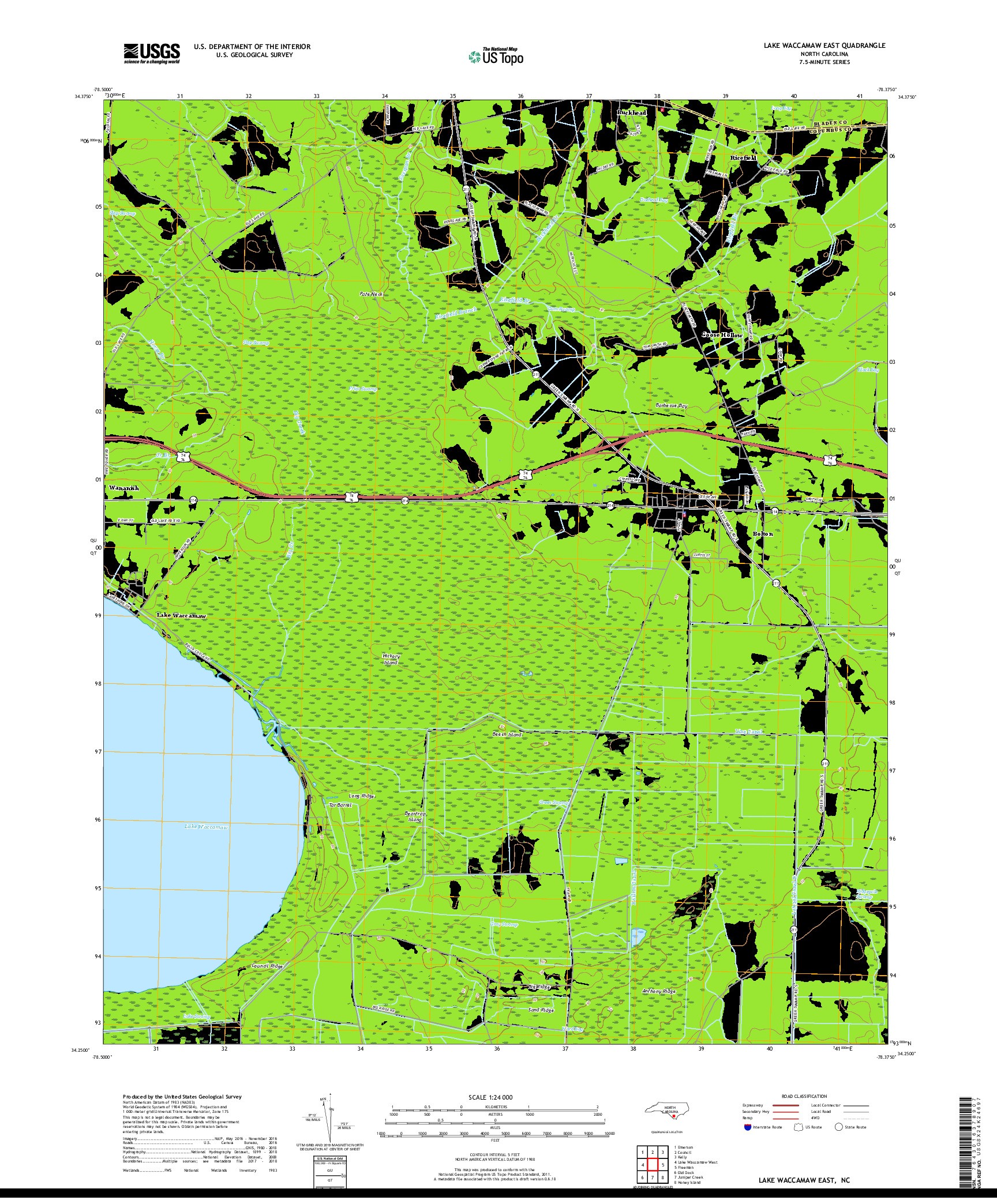 USGS US TOPO 7.5-MINUTE MAP FOR LAKE WACCAMAW EAST, NC 2019