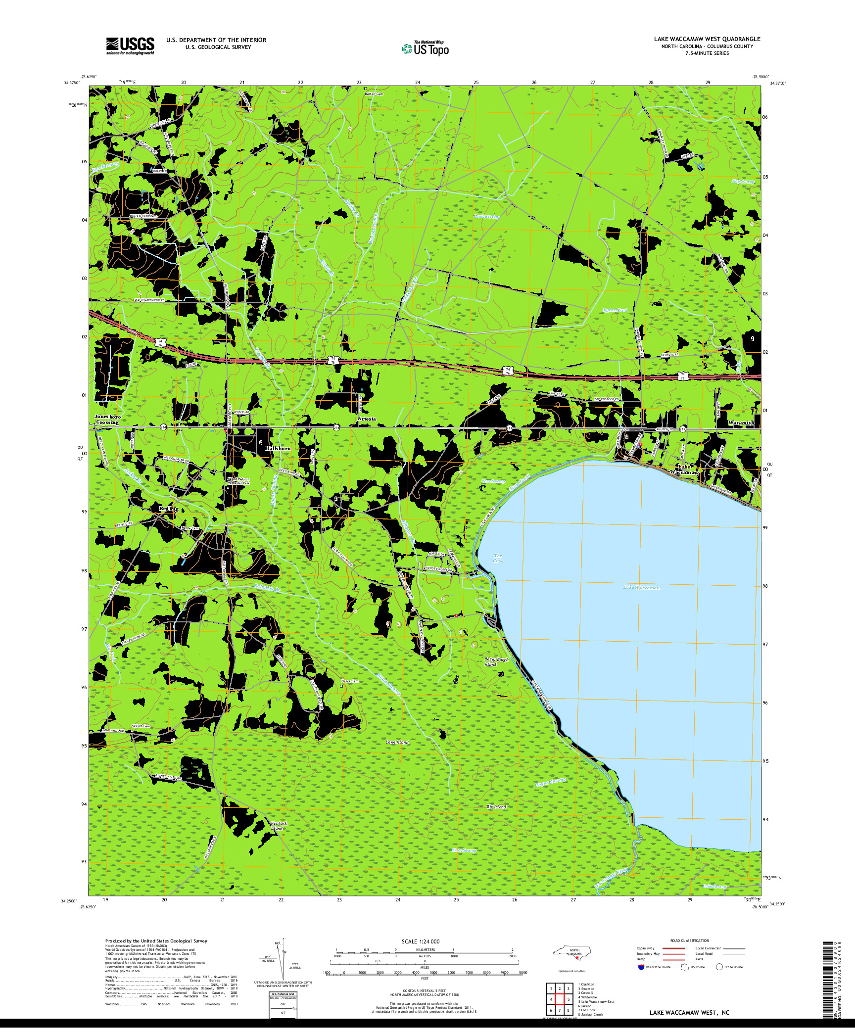 USGS US TOPO 7.5-MINUTE MAP FOR LAKE WACCAMAW WEST, NC 2019