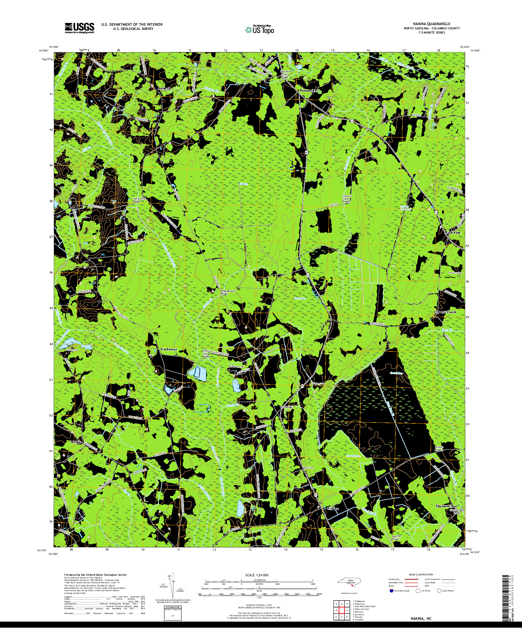 USGS US TOPO 7.5-MINUTE MAP FOR NAKINA, NC 2019