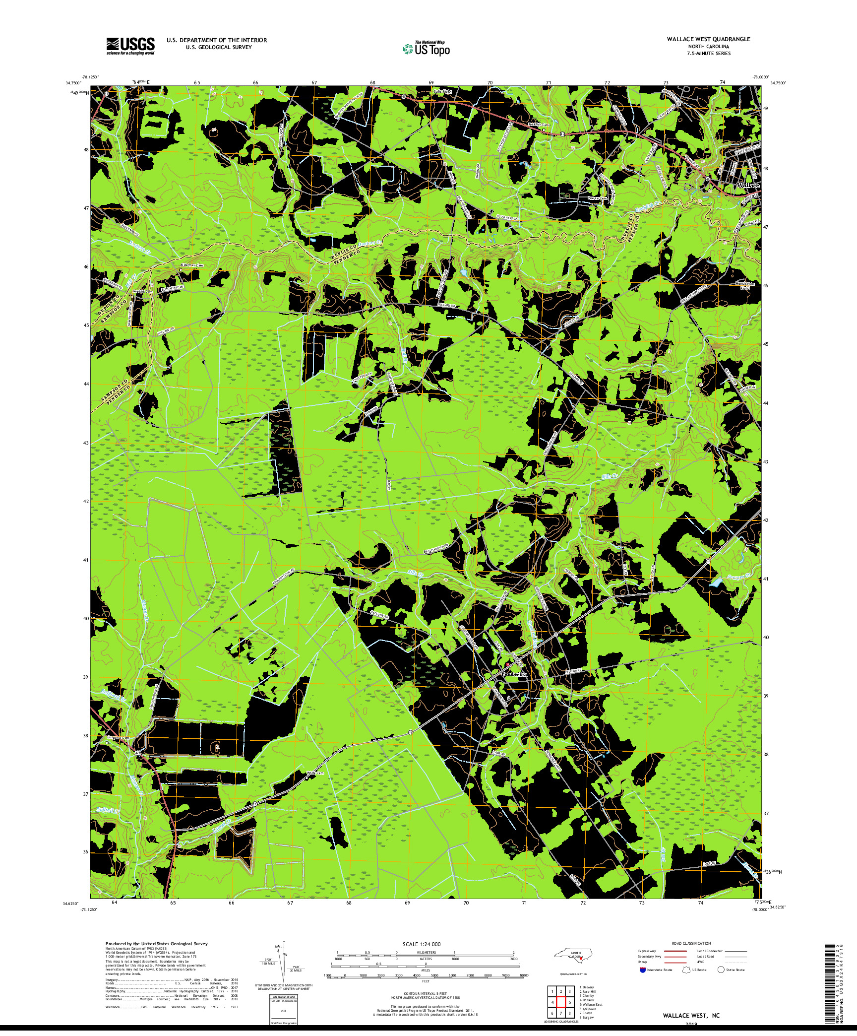 USGS US TOPO 7.5-MINUTE MAP FOR WALLACE WEST, NC 2019