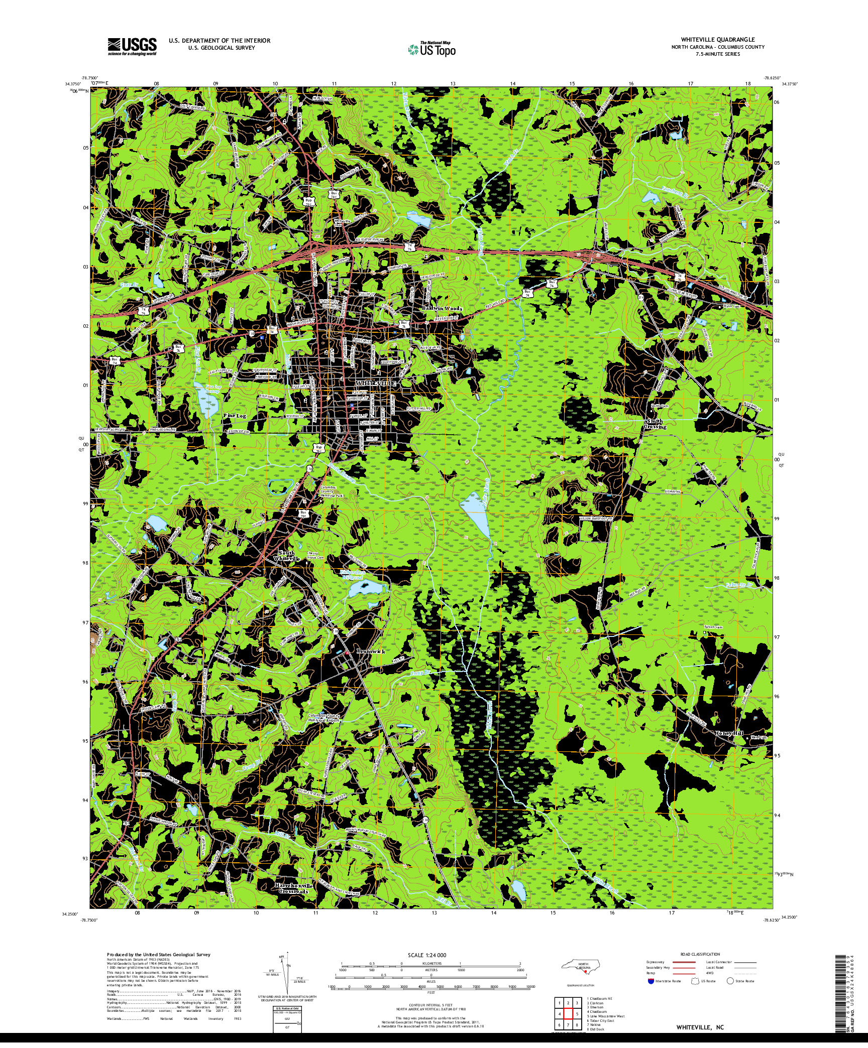 USGS US TOPO 7.5-MINUTE MAP FOR WHITEVILLE, NC 2019