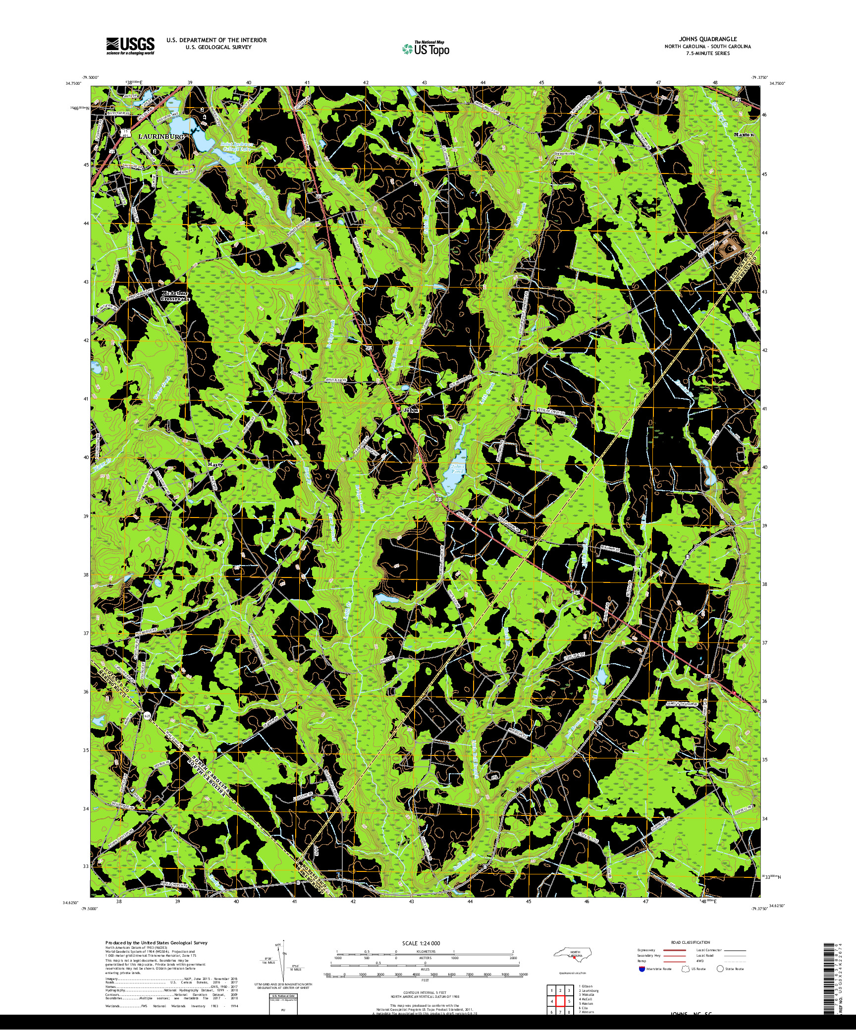 USGS US TOPO 7.5-MINUTE MAP FOR JOHNS, NC,SC 2019