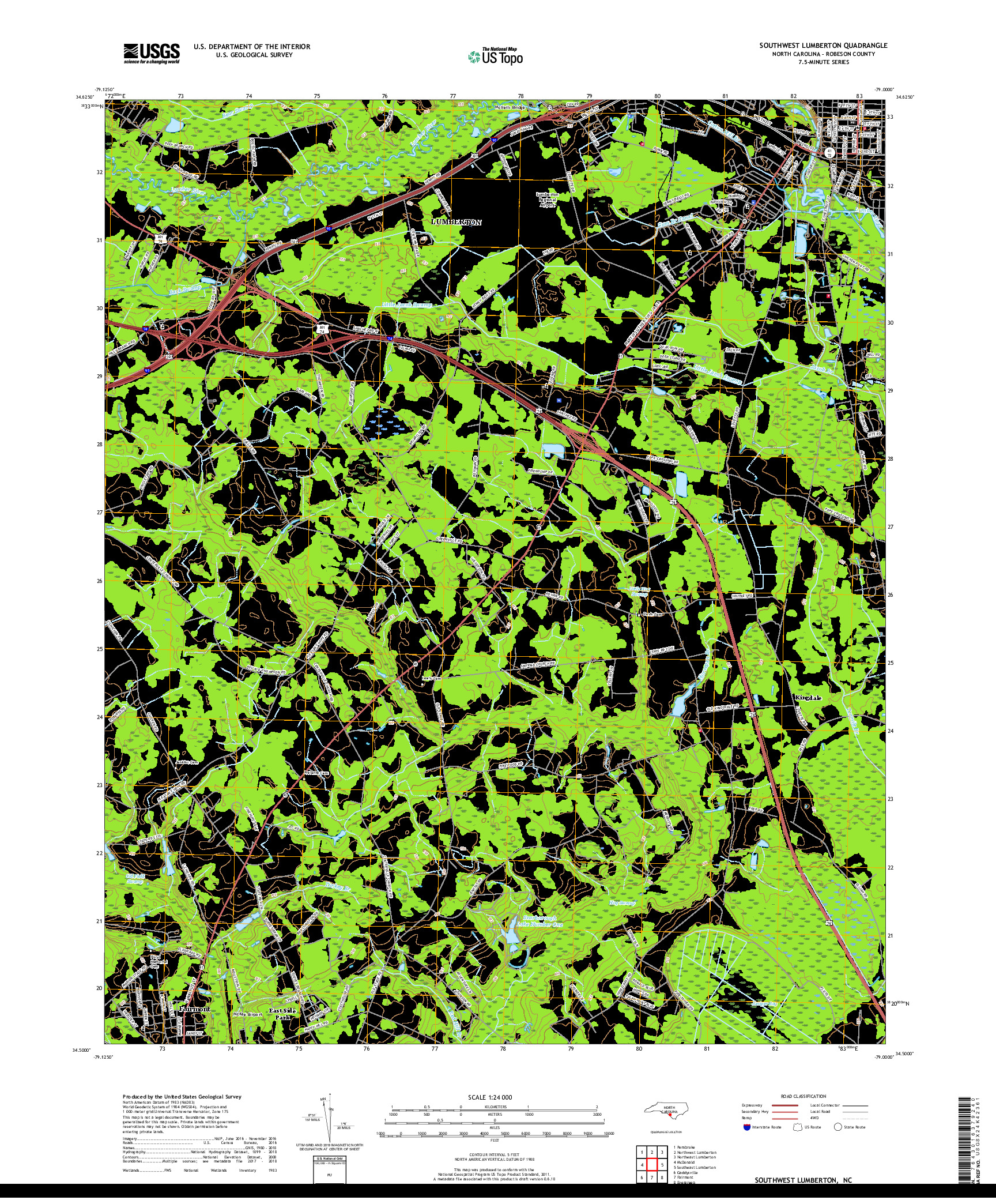 USGS US TOPO 7.5-MINUTE MAP FOR SOUTHWEST LUMBERTON, NC 2019