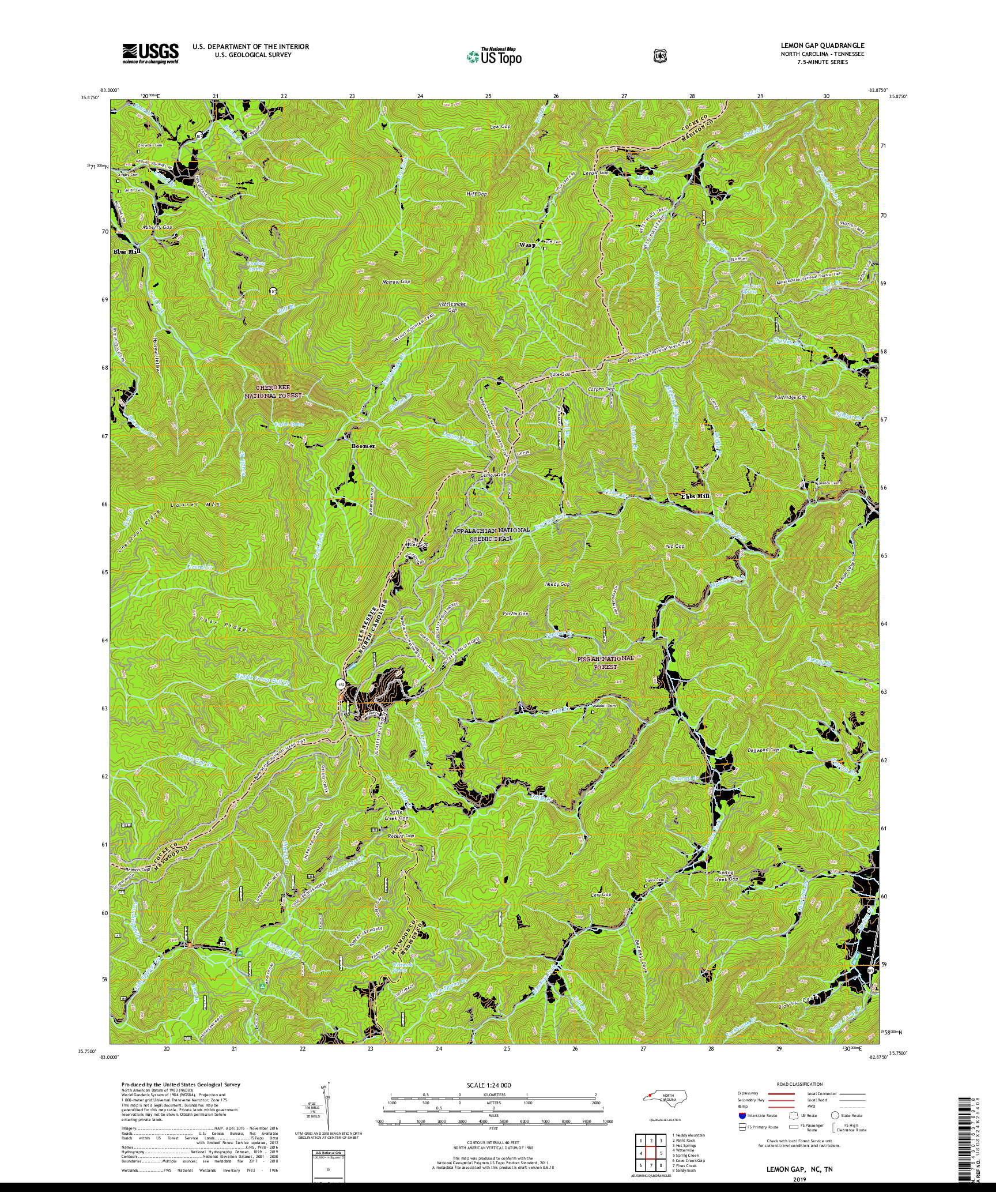 USGS US TOPO 7.5-MINUTE MAP FOR LEMON GAP, NC,TN 2019