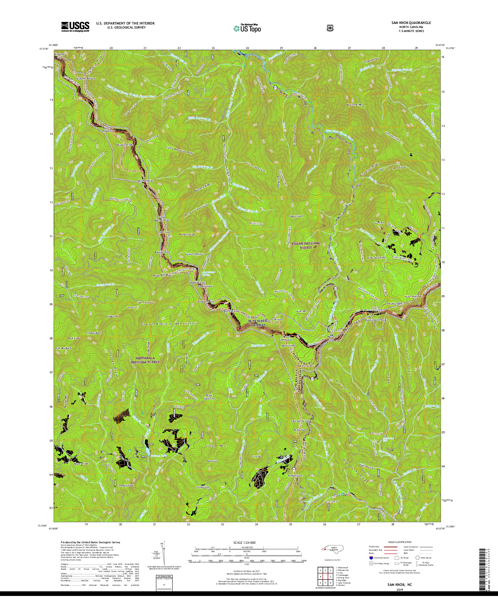 USGS US TOPO 7.5-MINUTE MAP FOR SAM KNOB, NC 2019