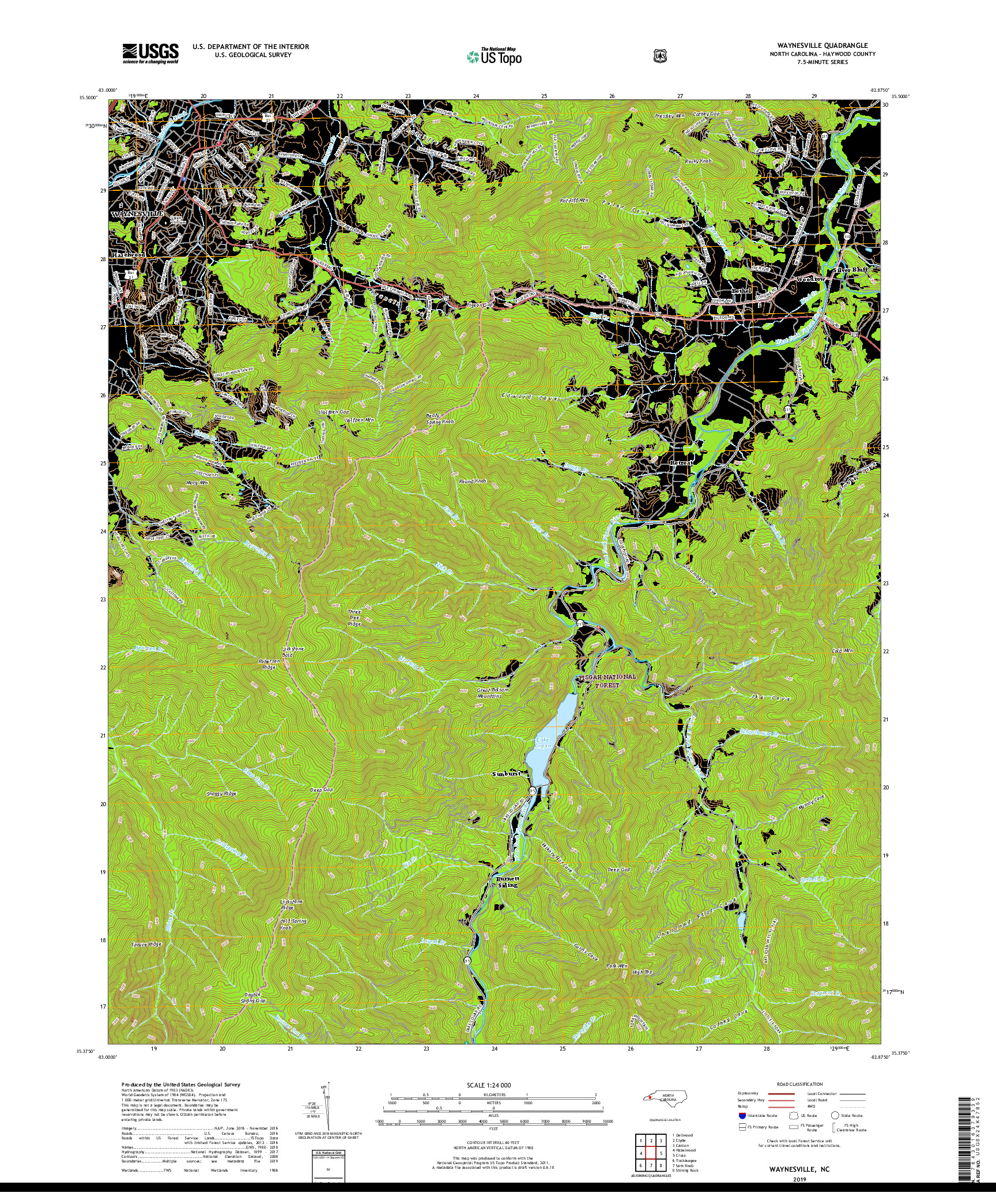 USGS US TOPO 7.5-MINUTE MAP FOR WAYNESVILLE, NC 2019