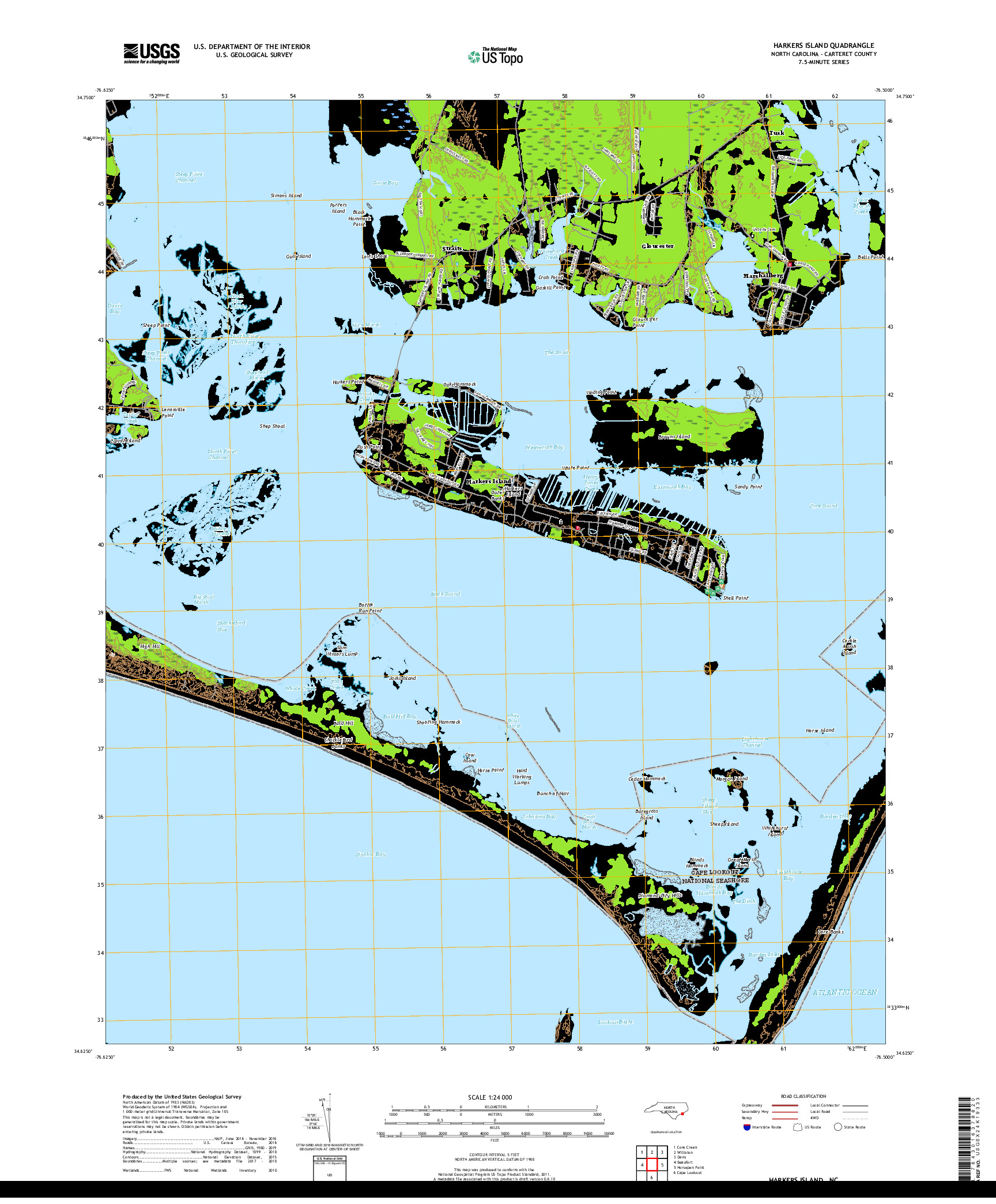 USGS US TOPO 7.5-MINUTE MAP FOR HARKERS ISLAND, NC 2019